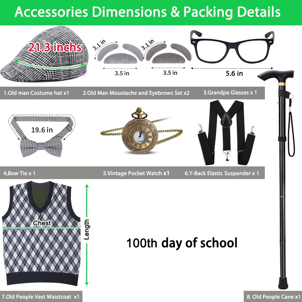 Aimeiar Kids Old Man Costume Set for 100th Day of School – Vest & Accessories