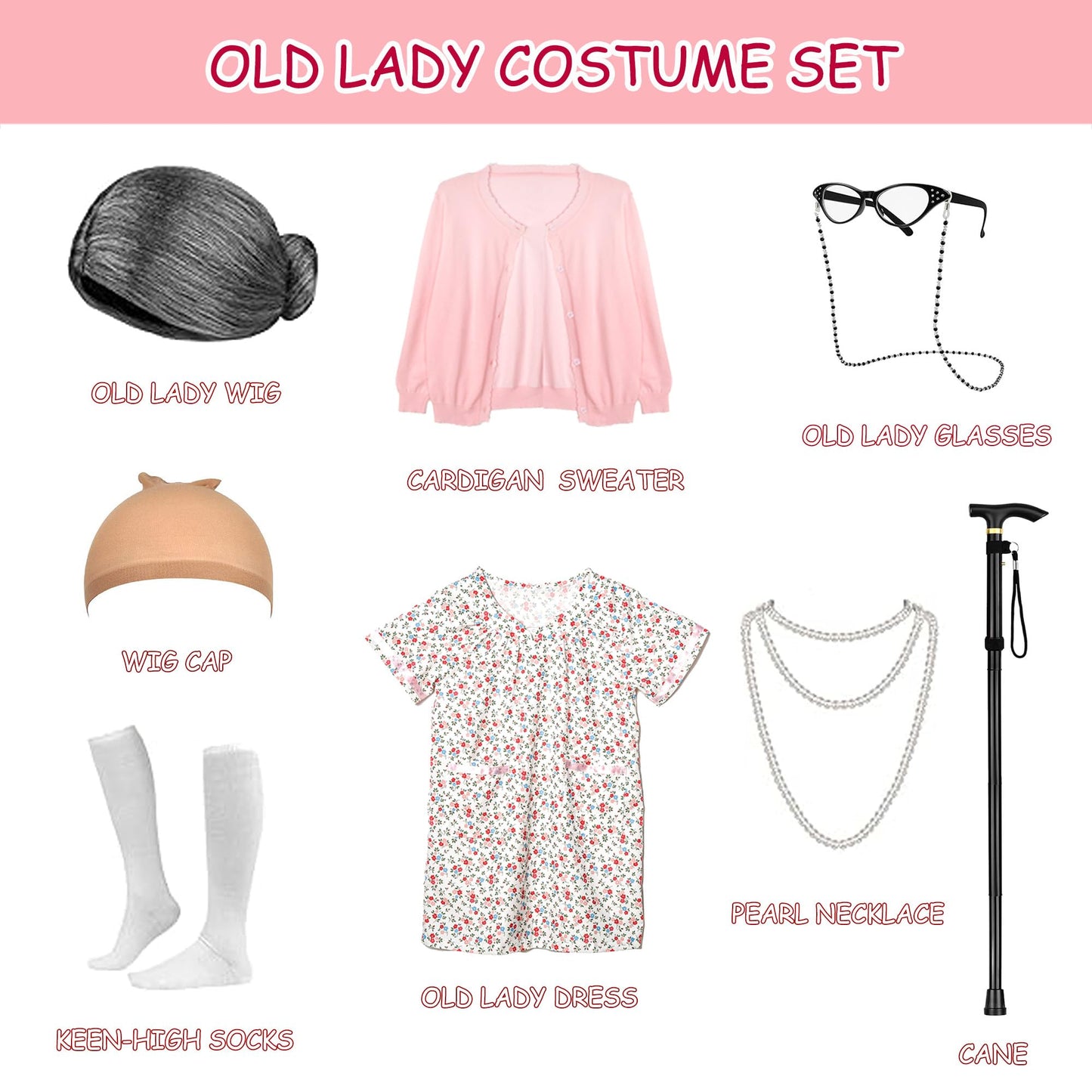Aimeiar 100 Days of School Old Lady Costume Kit for Girls | 100th Day Dress-Up Outfit