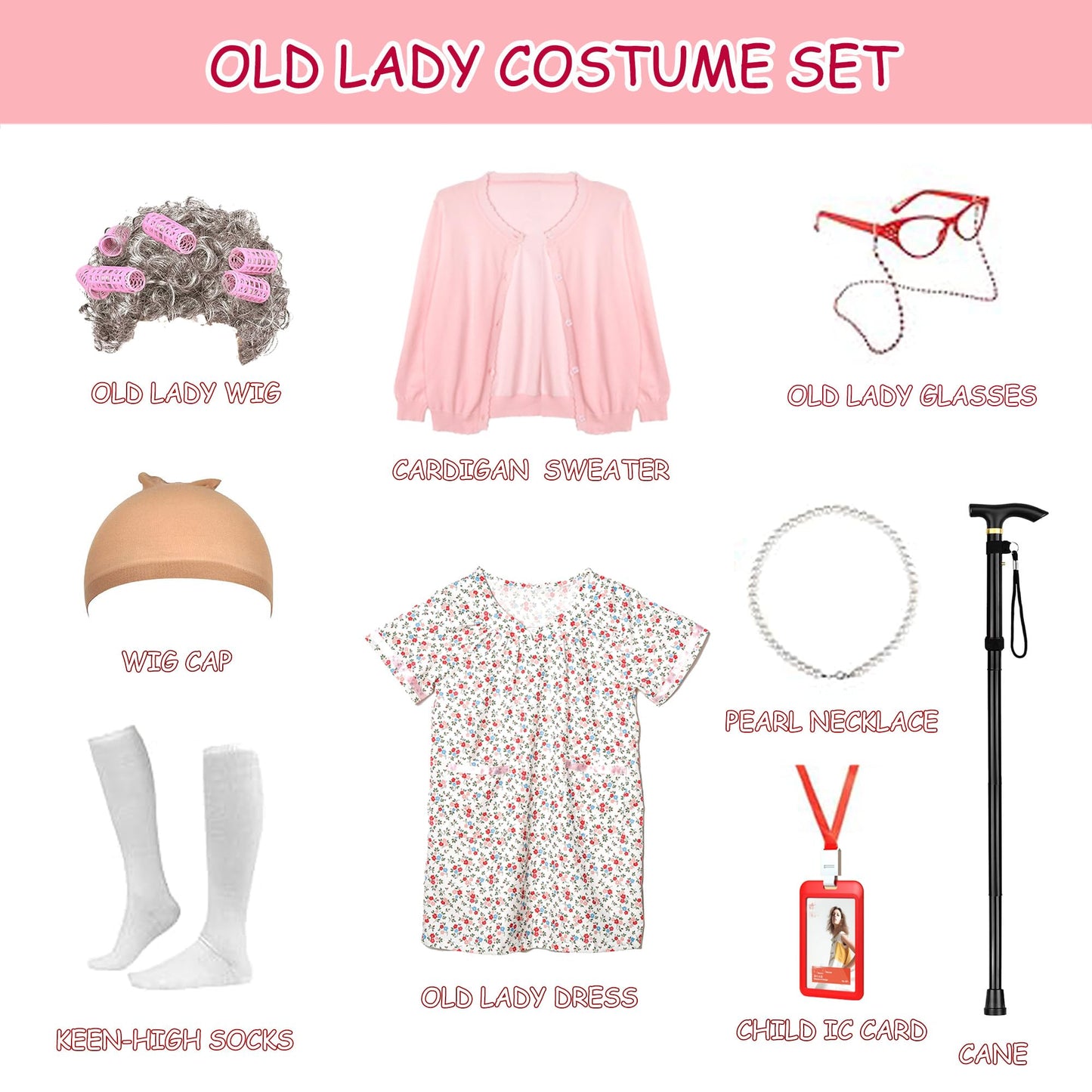 Aimeiar 100 Days of School Old Lady Costume Set for Girls – 11-Piece Kit