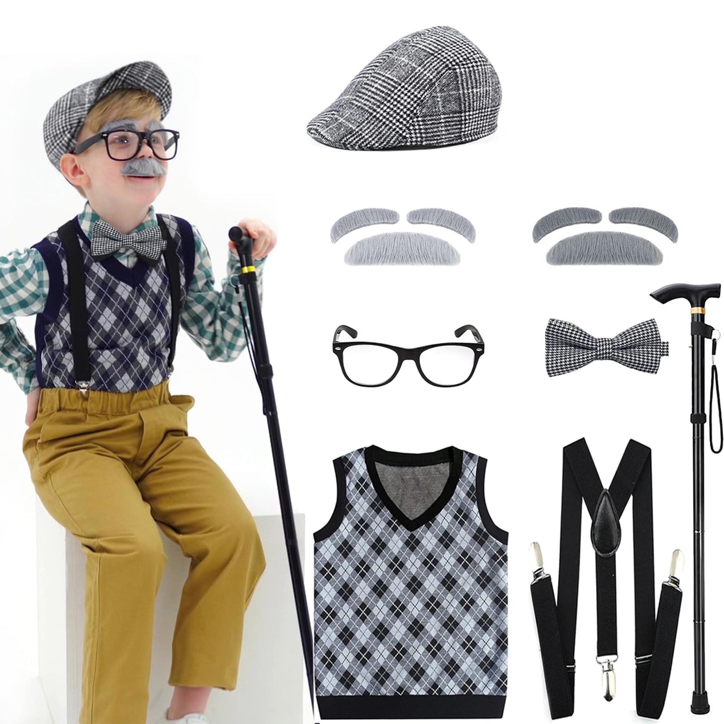 Aimeiar Kids Old Man Costume Kit for 100th Day of School – Grandpa Vest Set for Boys