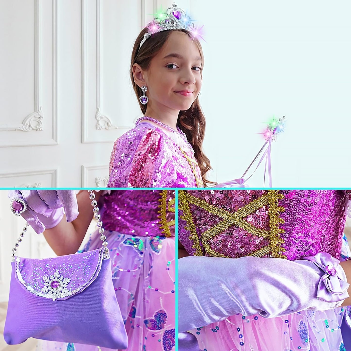 Aimeiar Princess Dresses for Girls | Light-Up Costume with Crown, Wand & Accessories (Ages 2-10)