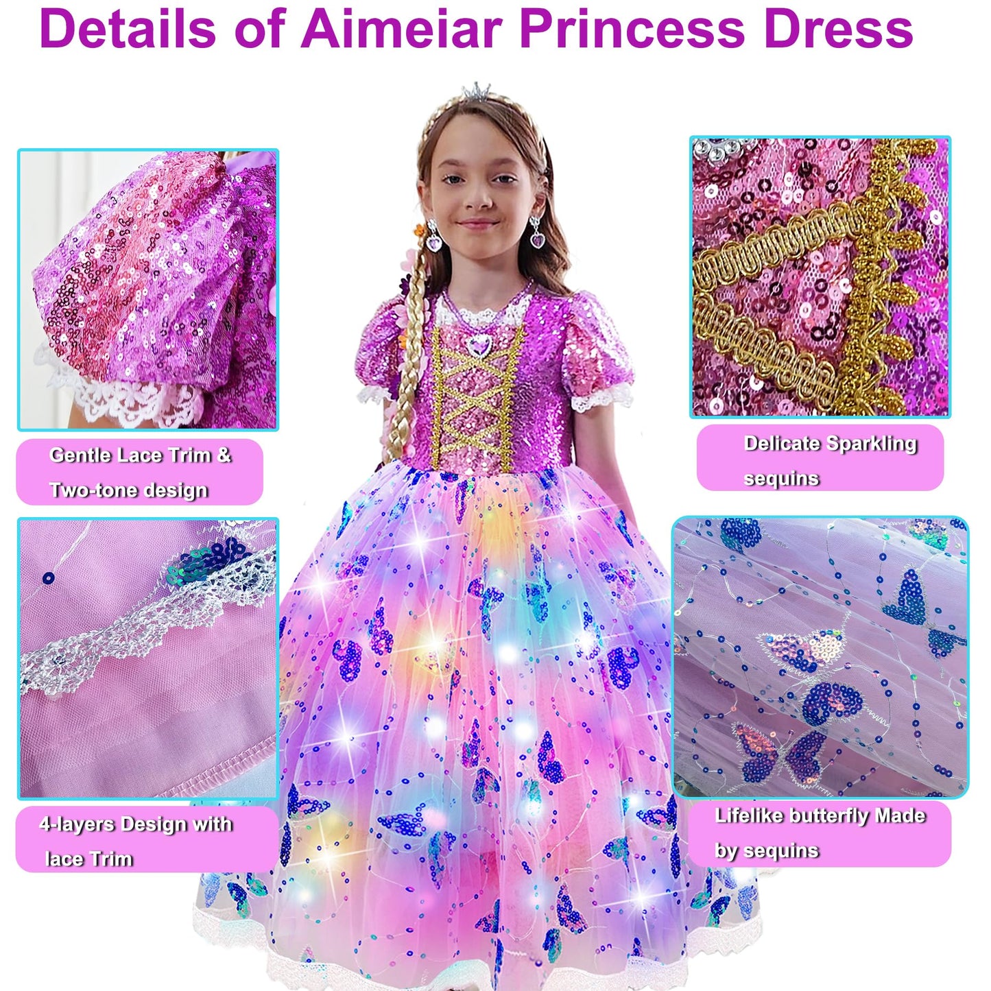 Aimeiar Princess Dresses for Girls | Light-Up Costume with Crown, Wand & Accessories (Ages 2-10)