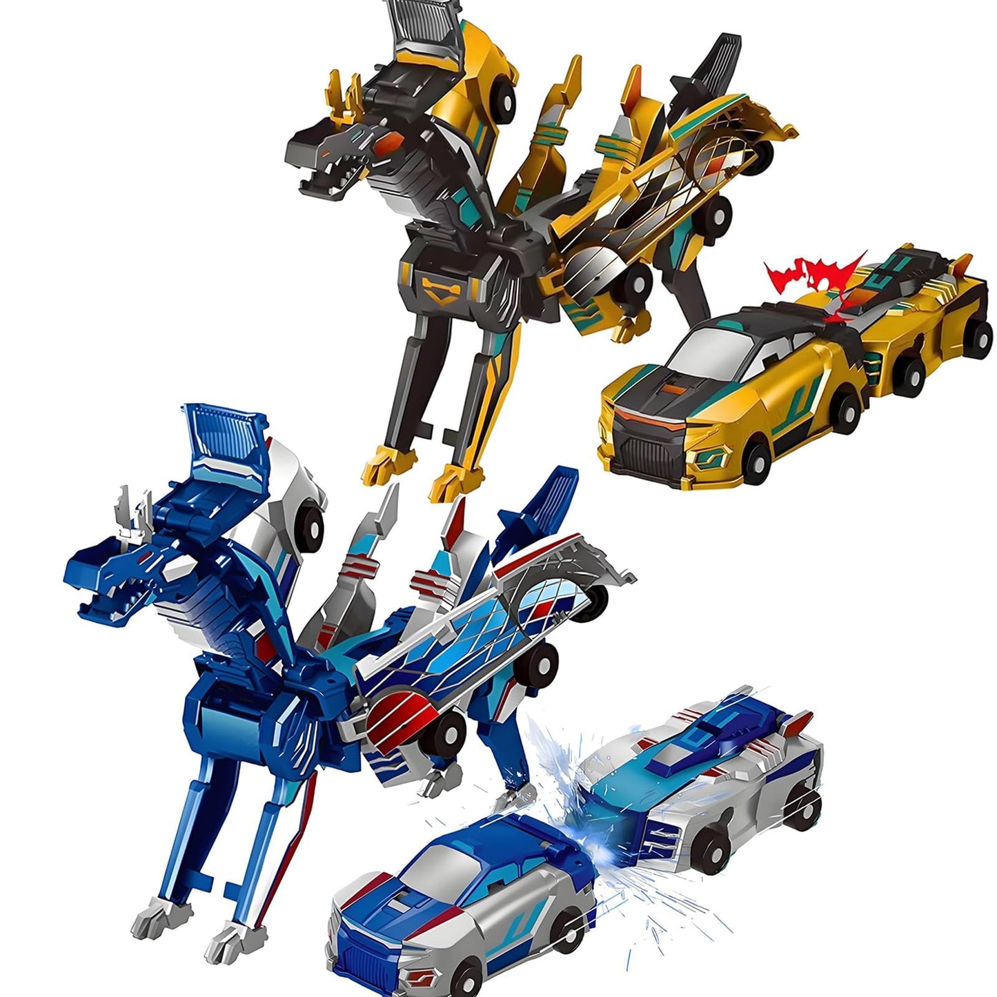 Aimery Collision Transforming Dinosaur Car Toy – 2 Magnetic Cars to Dino Robot (Gold Blue)