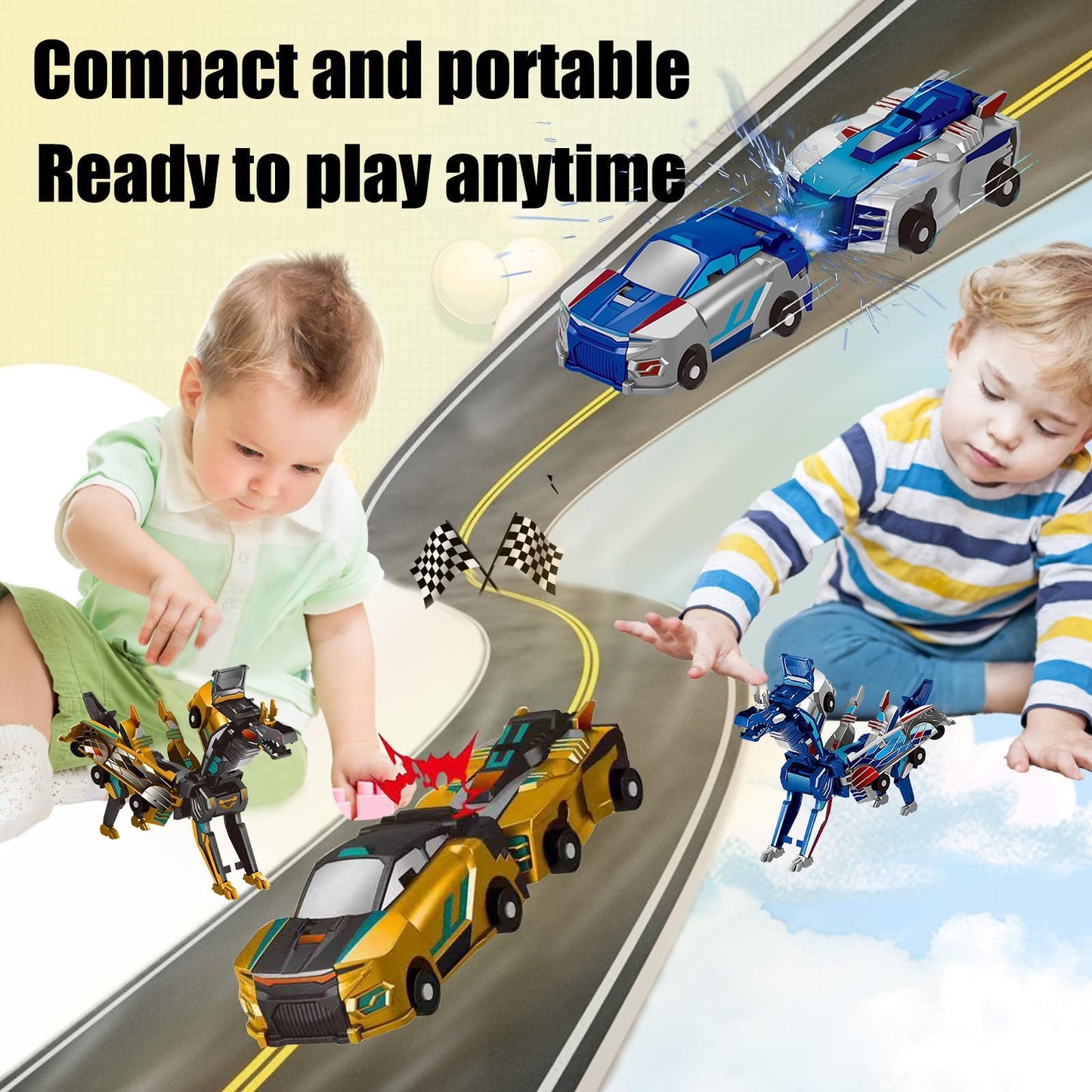 Aimery Collision Transforming Dinosaur Car Toy – 2 Magnetic Cars to Dino Robot (Gold Blue)