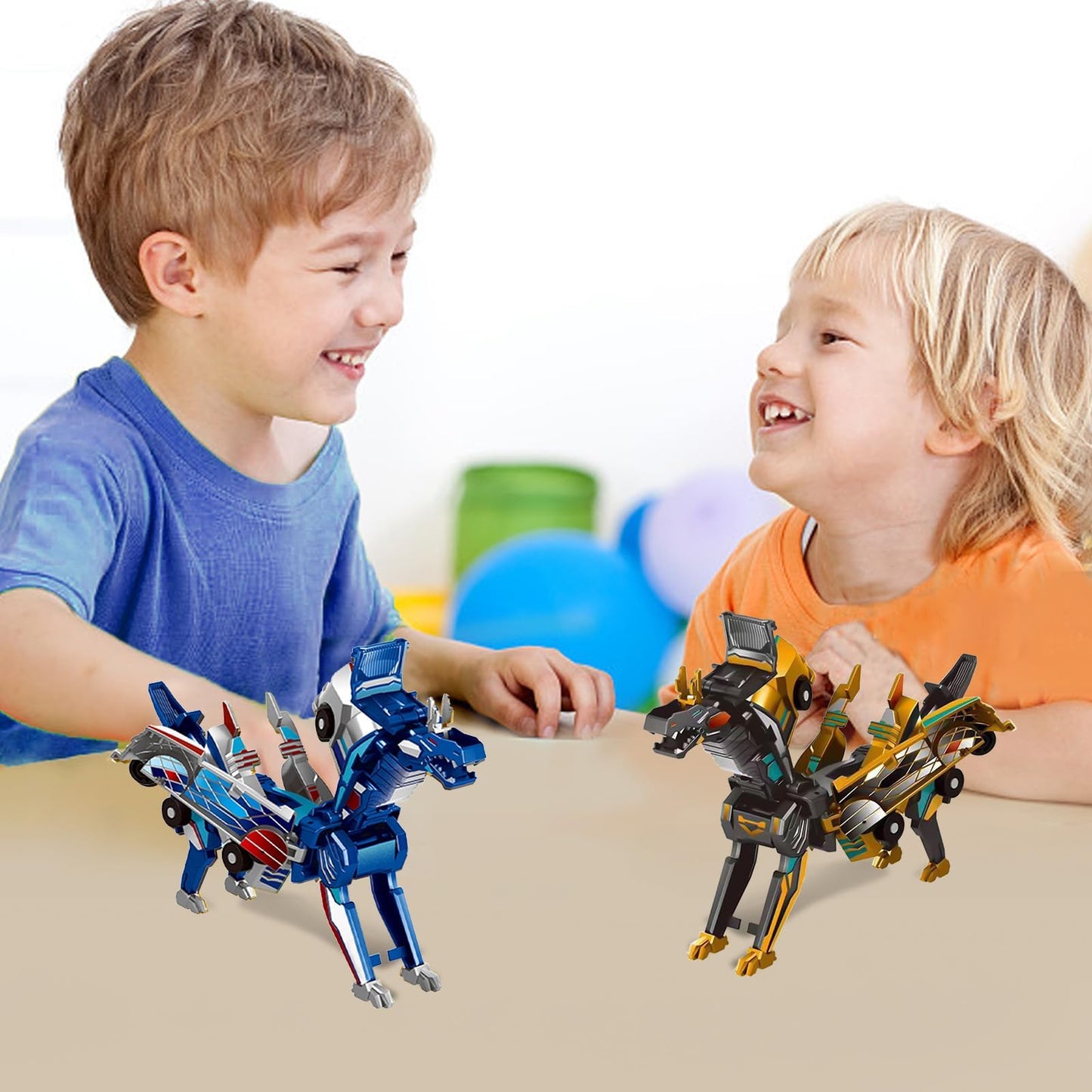 Aimery Collision Transforming Dinosaur Car Toy – 2 Magnetic Cars to Dino Robot (Gold Blue)