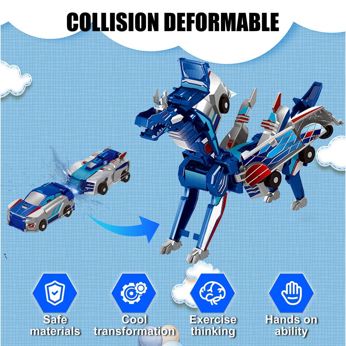Aimery Collision Transforming Dinosaur Car Toy – 2-in-1 Magnetic Cars Convert into Dragon Dino Robot for Kids