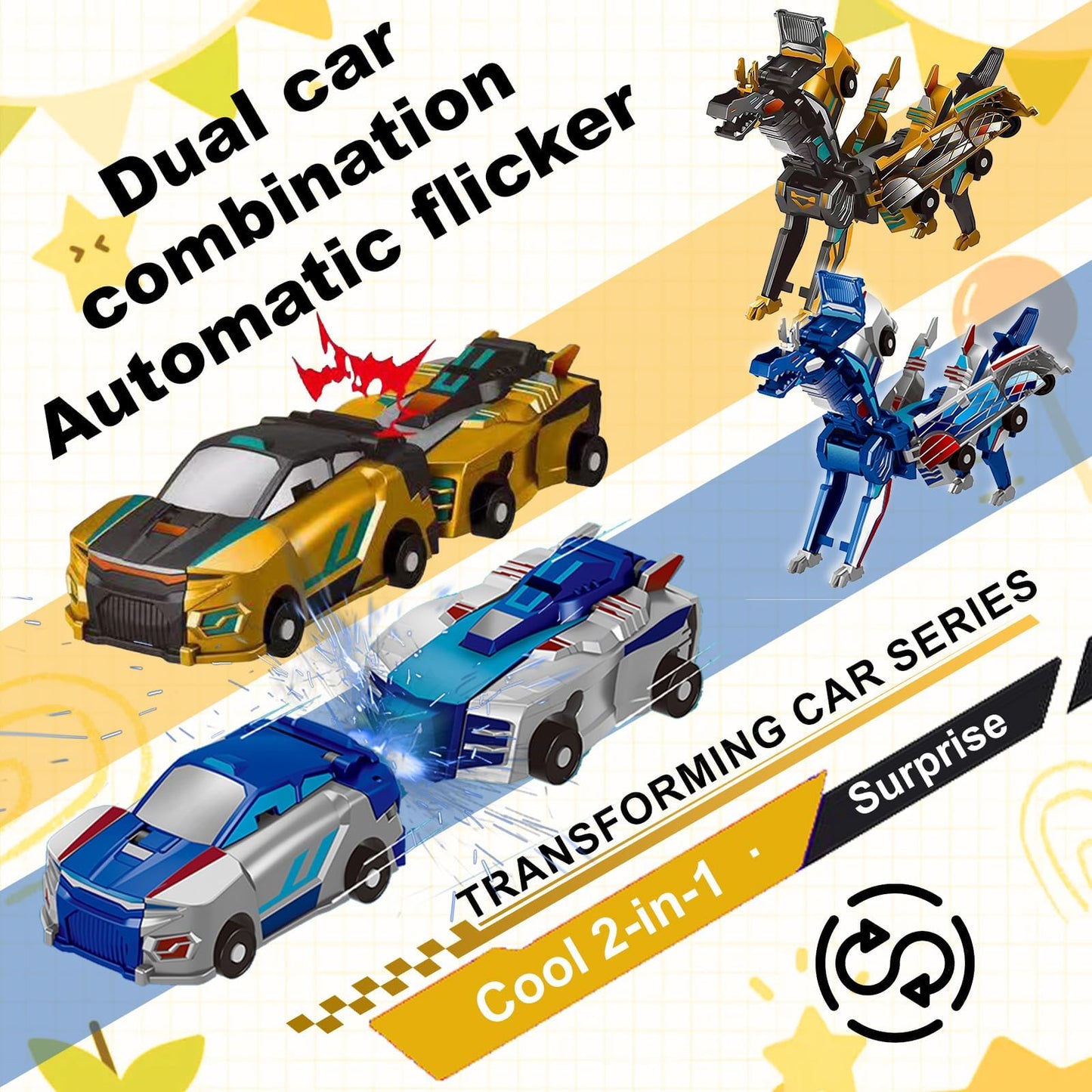 Aimery Collision Transforming Dinosaur Car Toy – 2 Magnetic Cars to Dino Robot (Gold Blue)