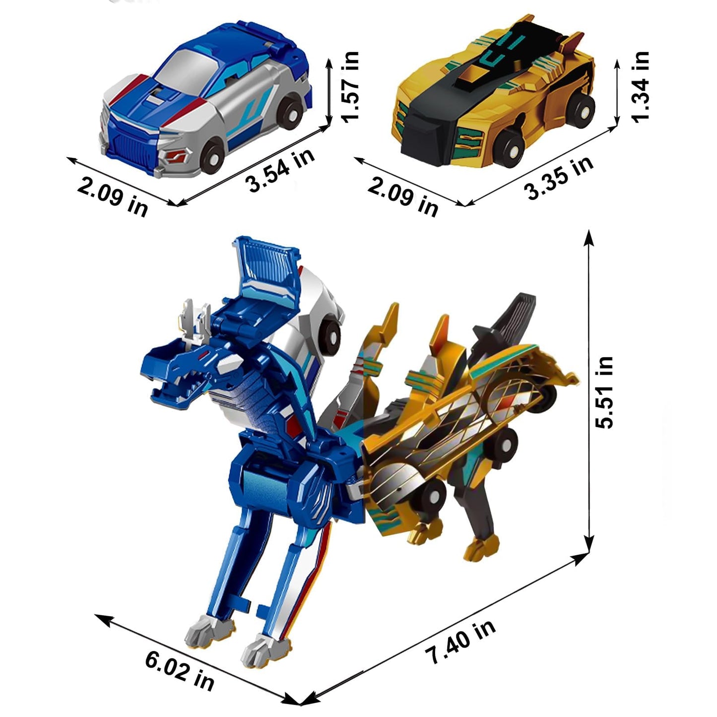 Aimery Collision Transforming Dinosaur Car Toy – 2 Magnetic Cars to Dino Robot (Gold Blue)