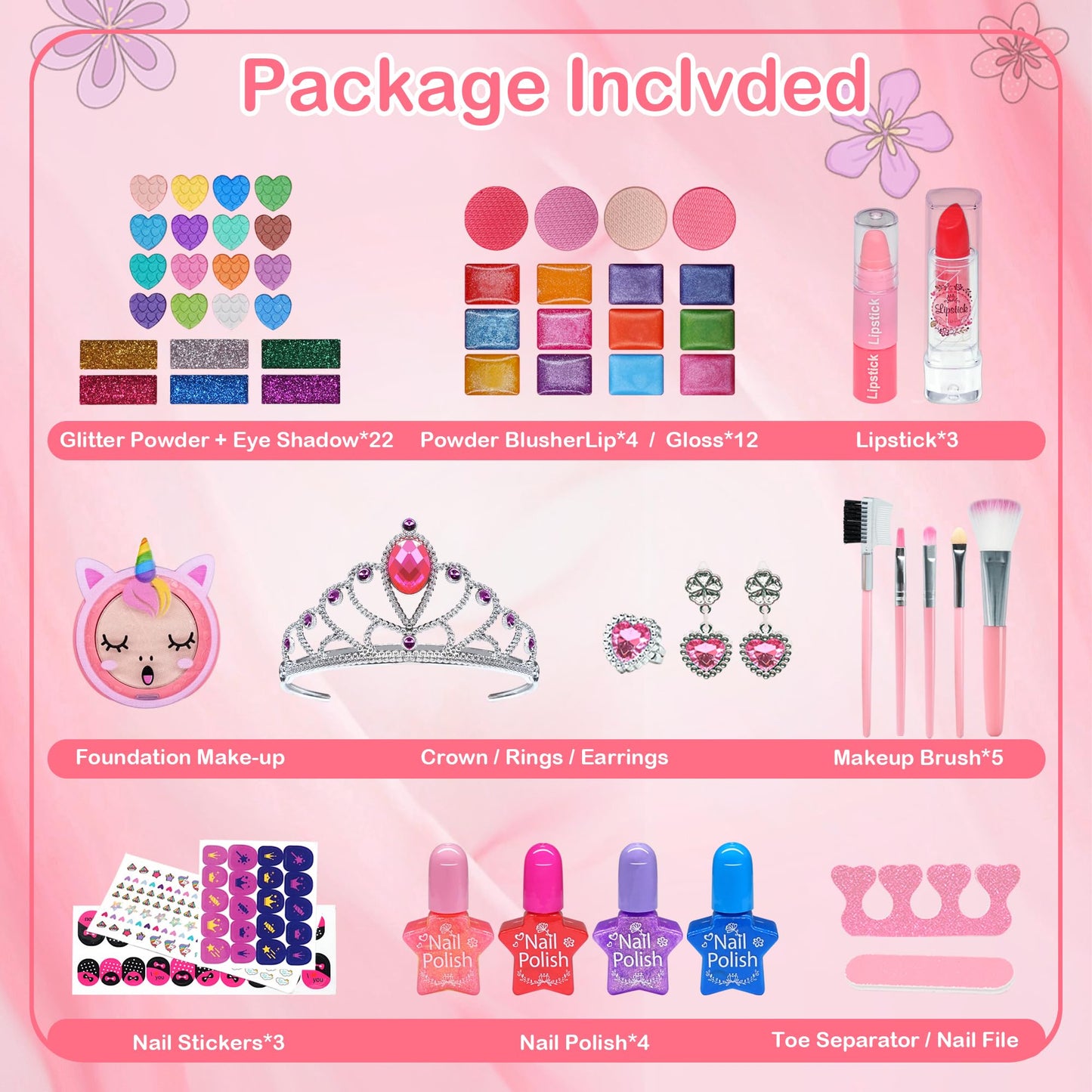 Aimidola 68-Piece Kids Makeup Kit for Girls 3-12 – Non-Toxic, Washable Play Set