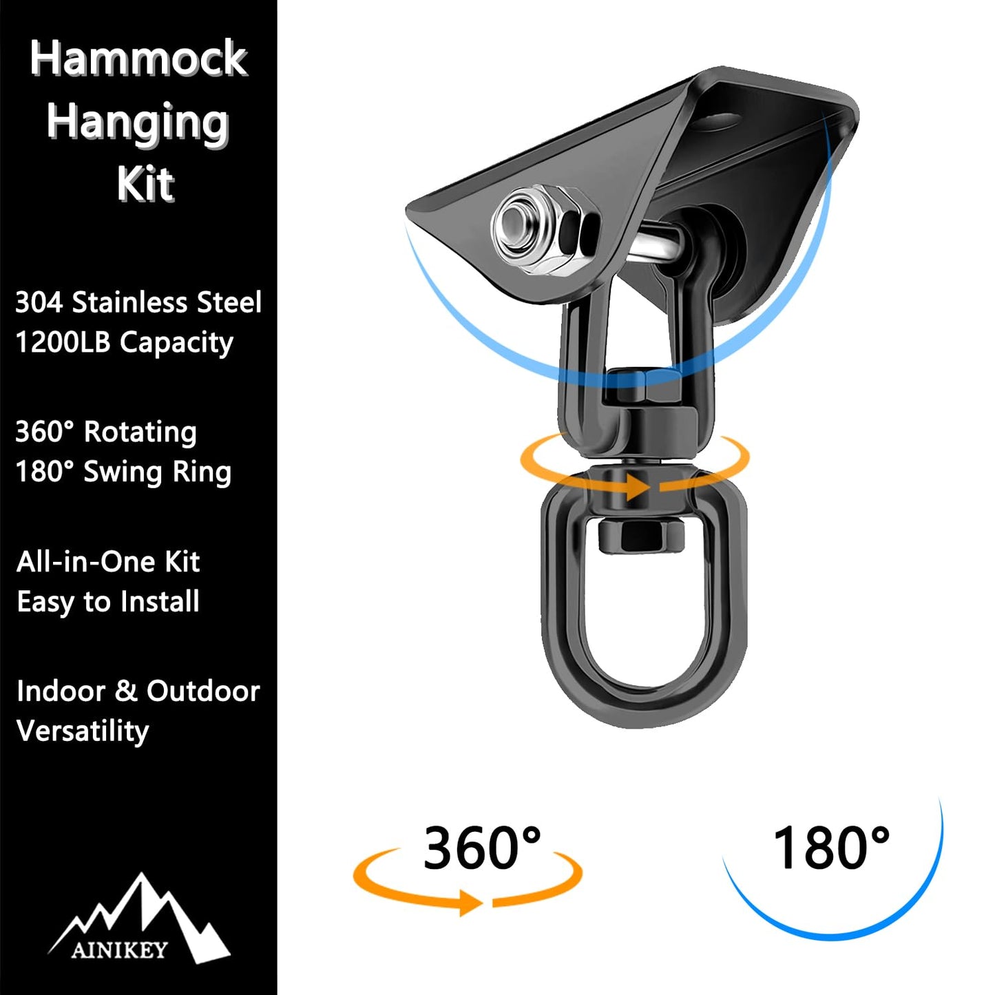 AINIKEY Heavy Duty Hammock Hanging Kit – 1200 lb, 360° Rotating Hooks, Pack of 2