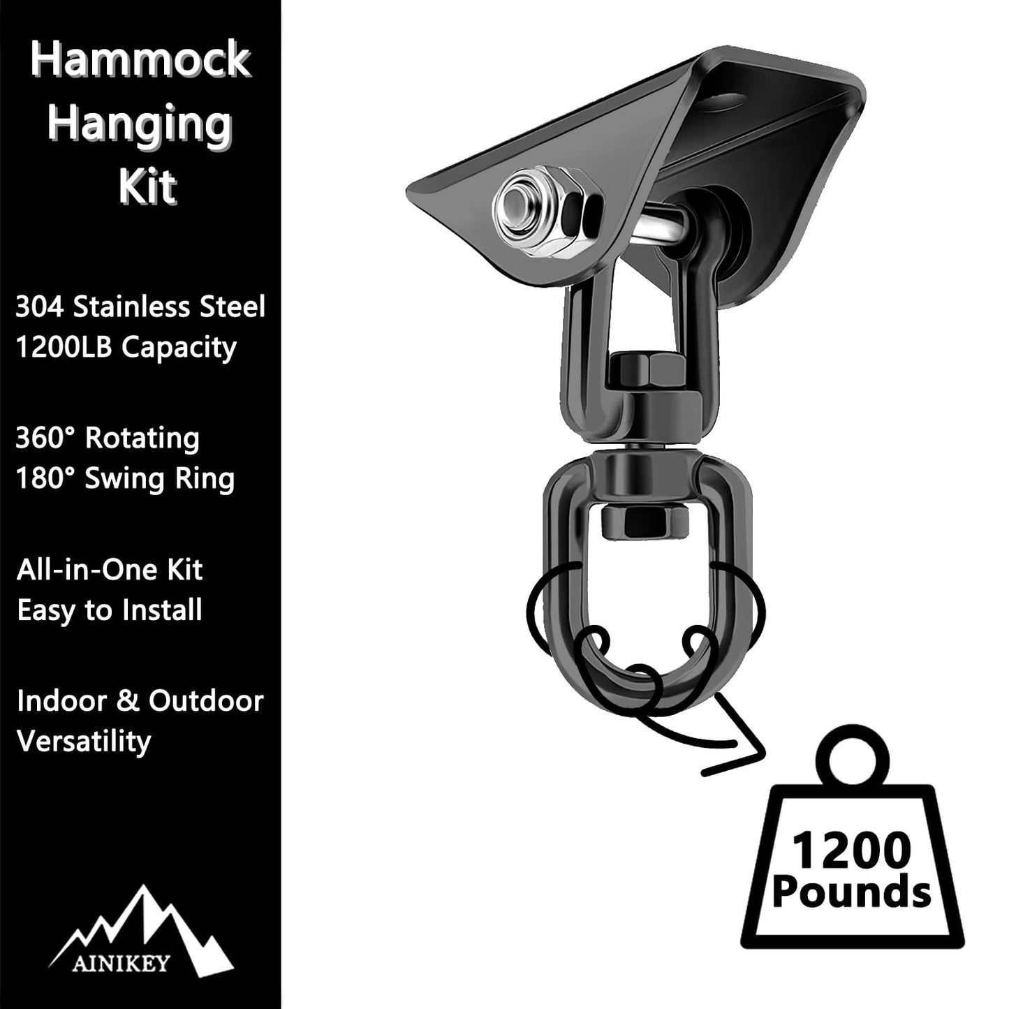 AINIKEY Heavy Duty Hammock Hanging Kit – 1200 lb, 360° Rotating Hooks, Pack of 2