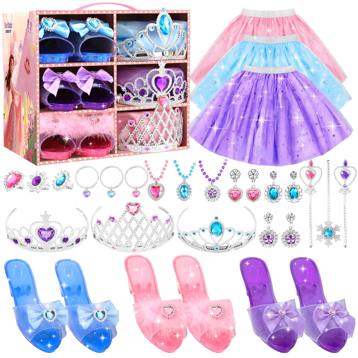 AINIOKA Princess Dress Up Kit for Girls 4-6 | Complete Playset with Shoes, Crowns, Wands & Jewelry