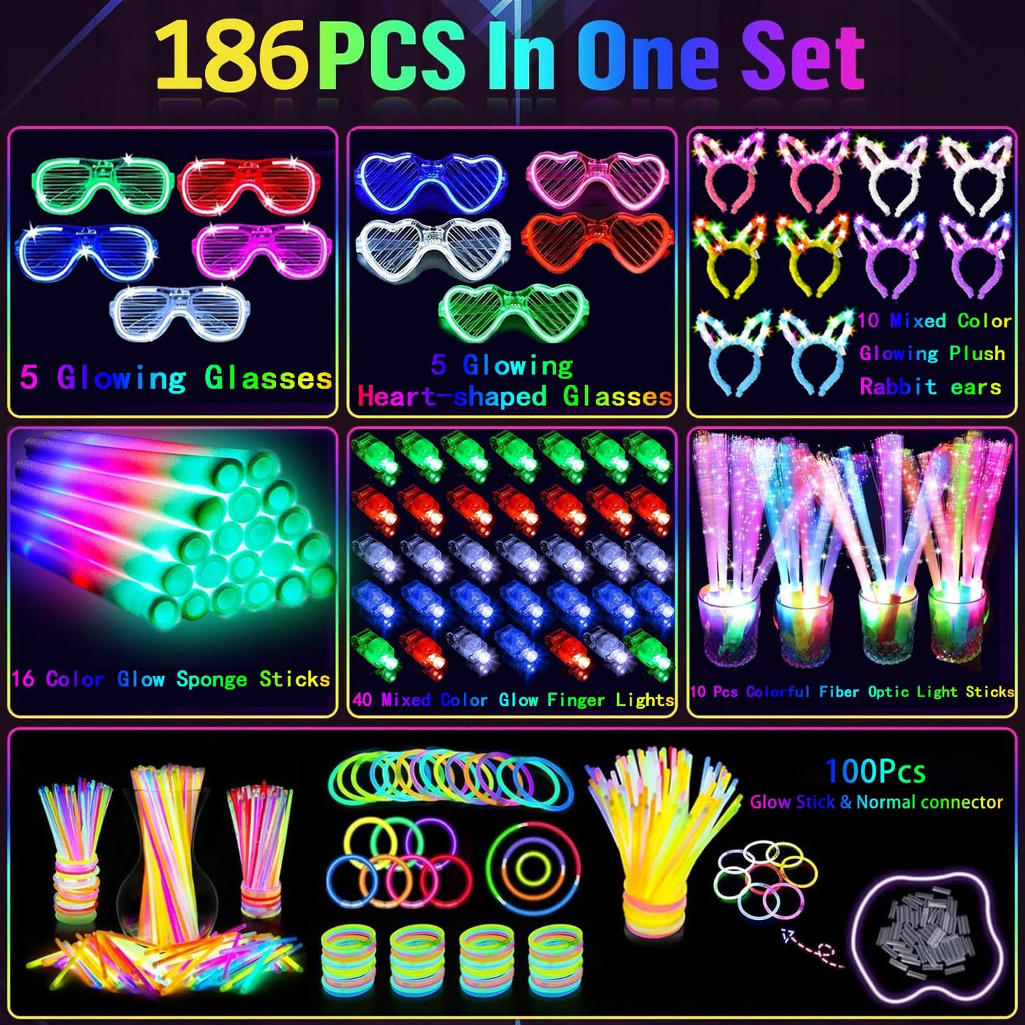 AioAuiy 186 PCS Glow in the Dark Party Set — Neon Sticks, Wands, LED Glasses & More