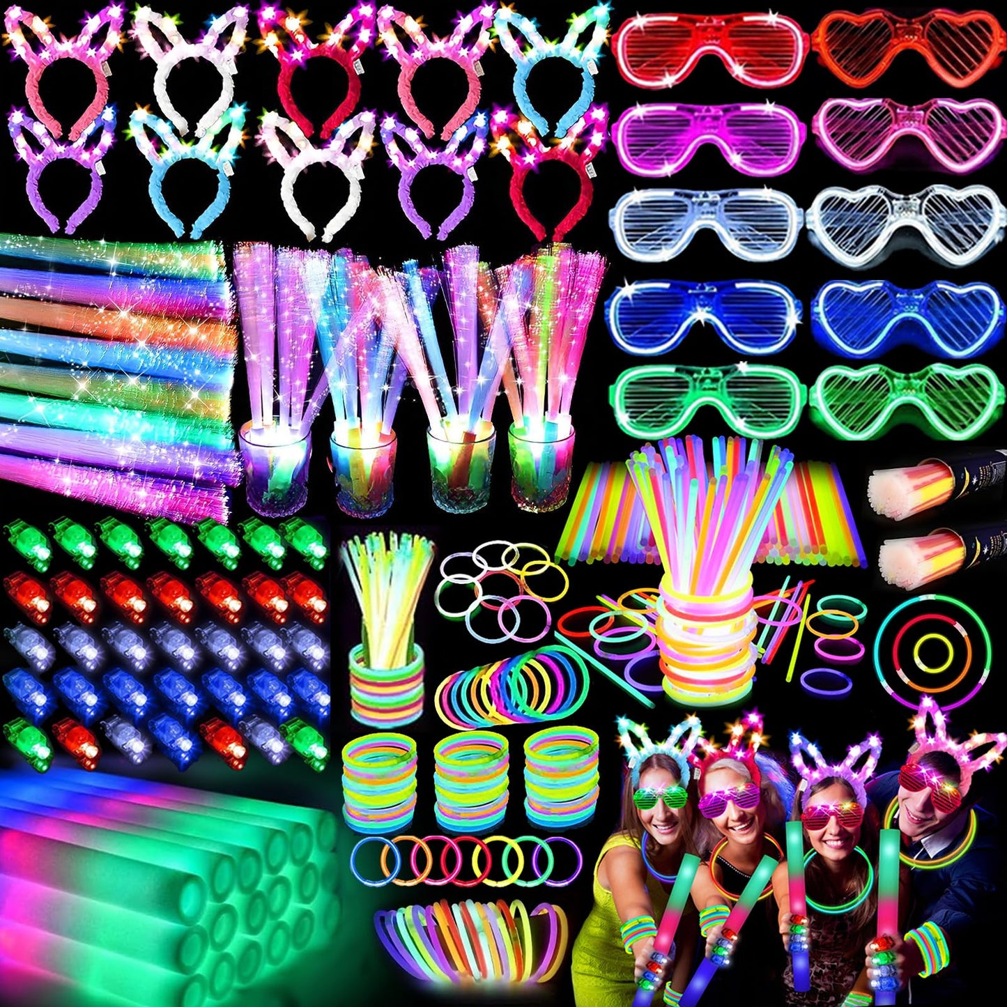 AioAuiy 186 PCS Glow in the Dark Party Set — Neon Sticks, Wands, LED Glasses & More