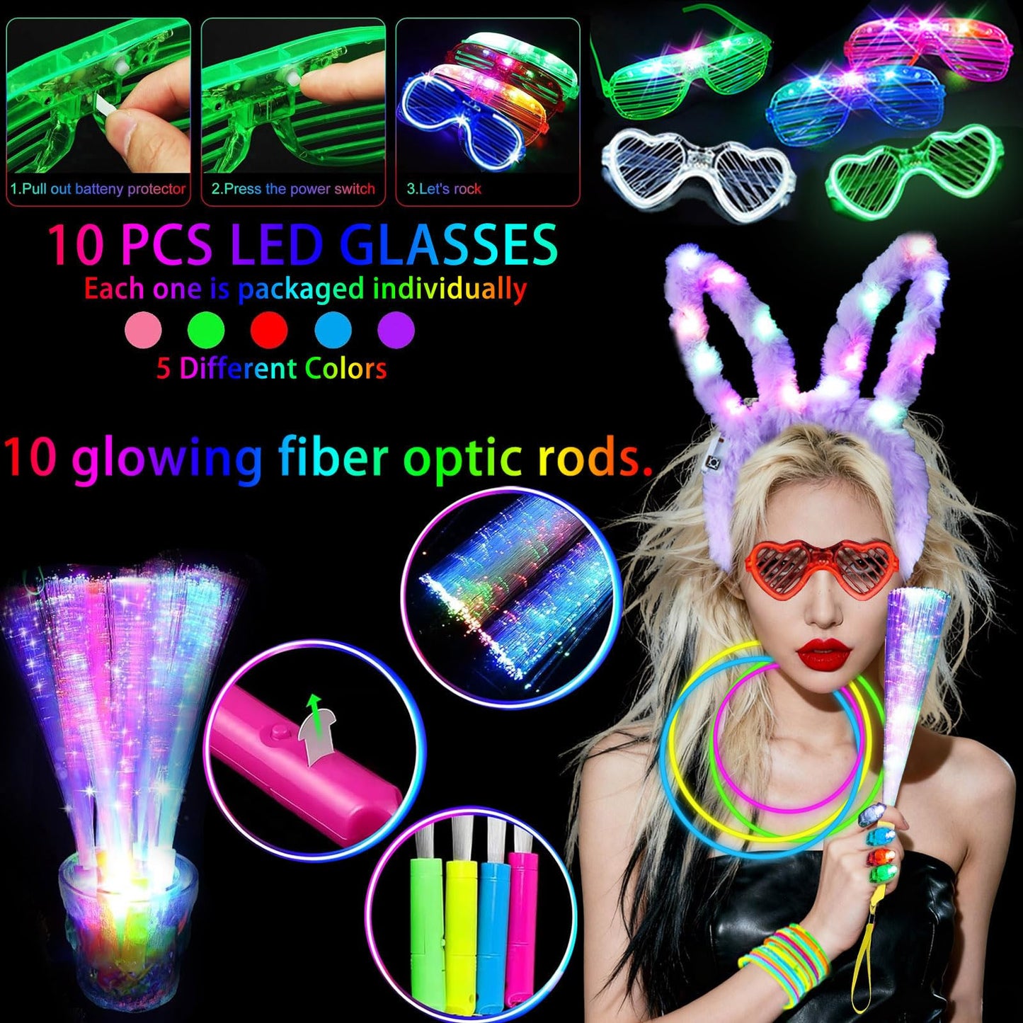 AioAuiy 186 PCS Glow in the Dark Party Set — Neon Sticks, Wands, LED Glasses & More