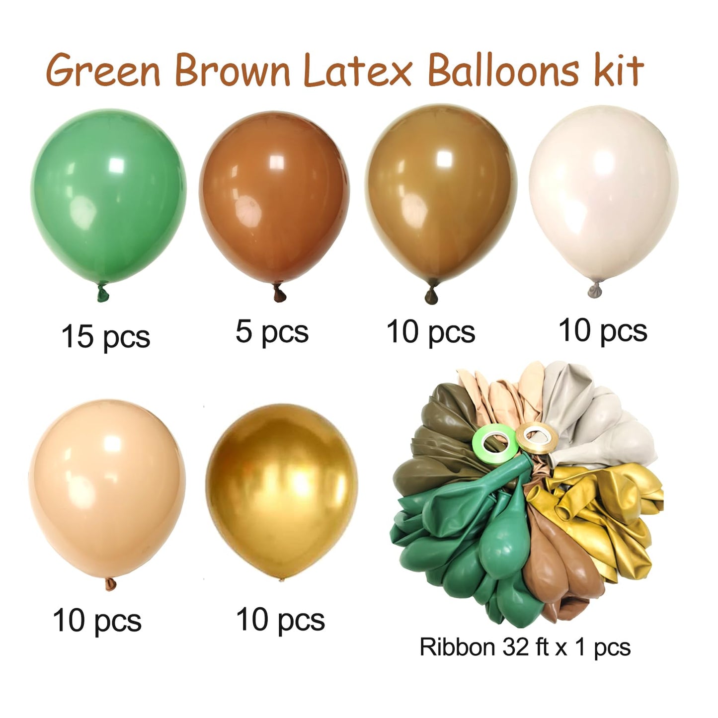 AIOZX Green & Brown Balloons Set – 60 Pcs, 12in Jungle Safari Theme