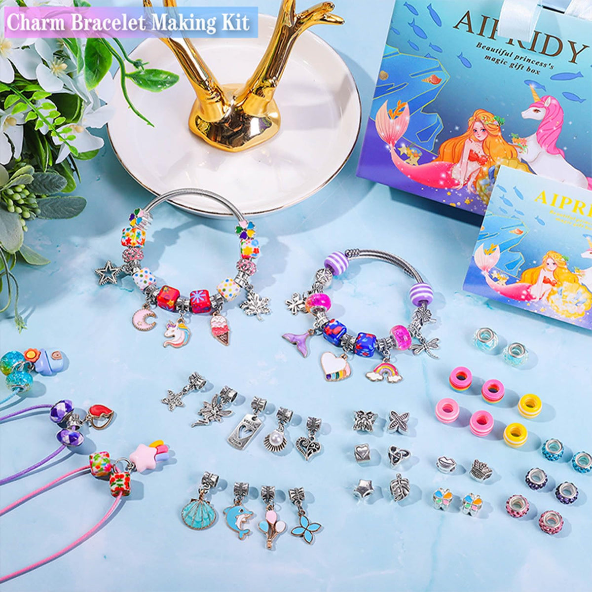 AIPRIDY Charm Bracelet Making Kit – Unicorn & Mermaid Jewelry Set (84 Pieces)