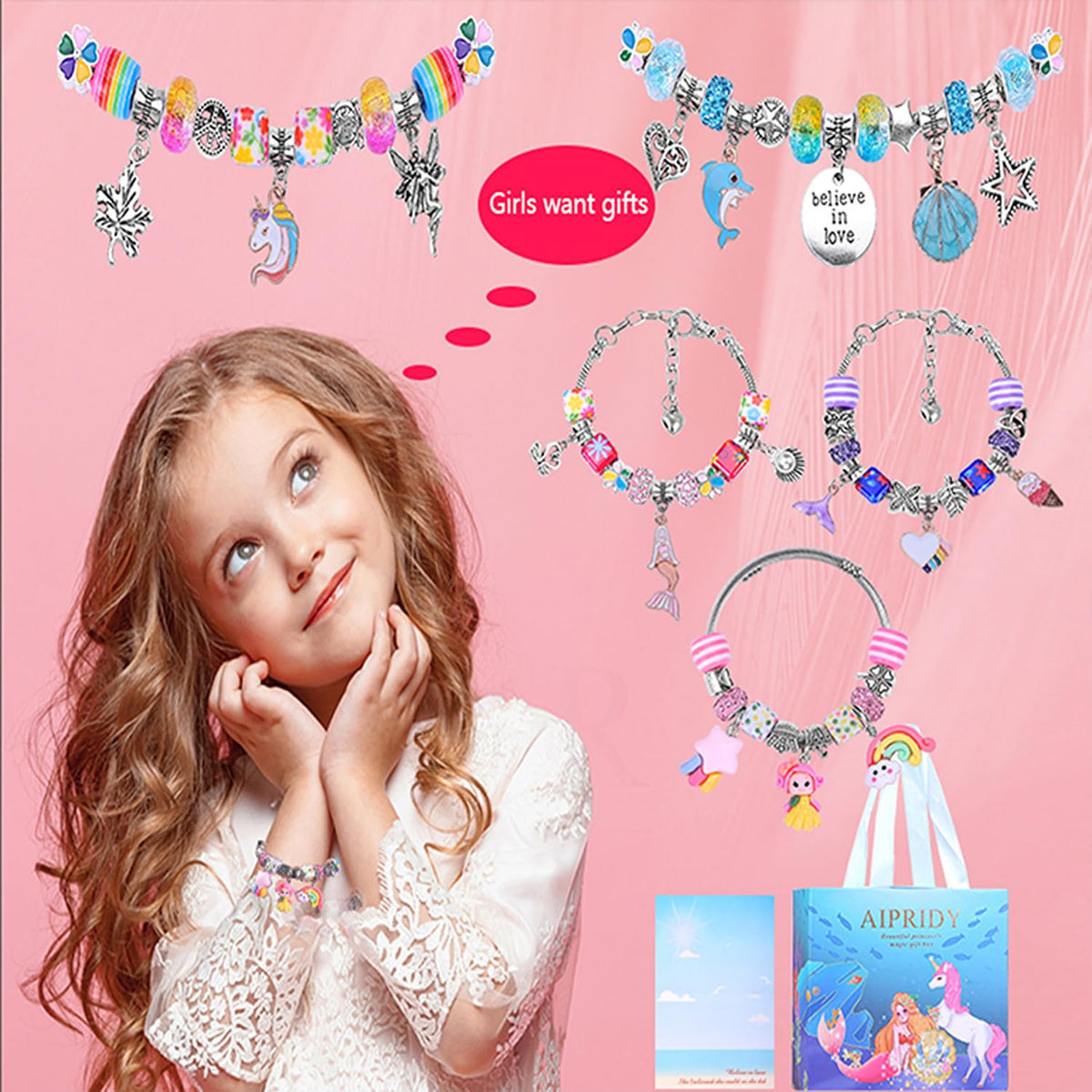 AIPRIDY Charm Bracelet Making Kit – Unicorn & Mermaid Jewelry Set (84 Pieces)
