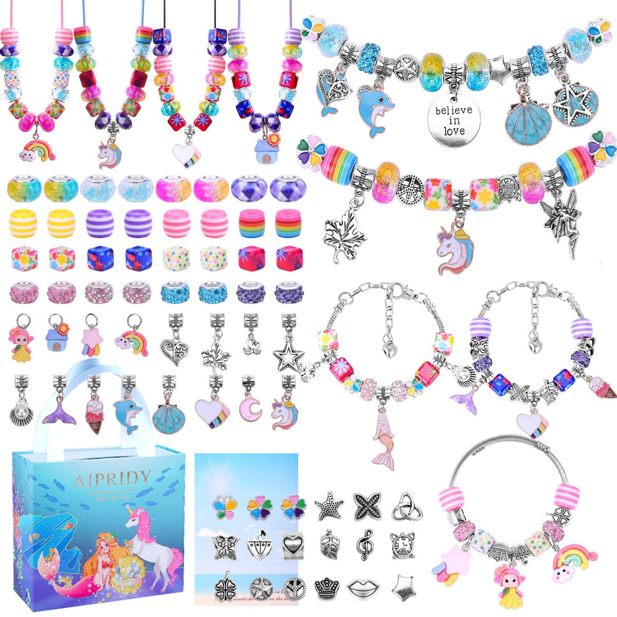 AIPRIDY Charm Bracelet Making Kit – Unicorn & Mermaid Jewelry Set (84 Pieces)