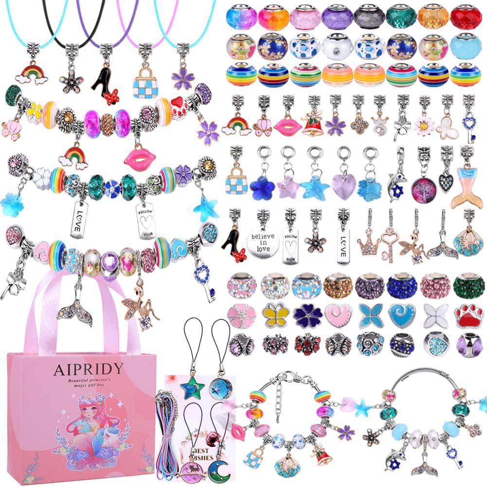 AIPRIDY Charm Bracelet Making Kit – Unicorn Mermaid Crafts, 104 Pieces, Gifts for Girls 5-12