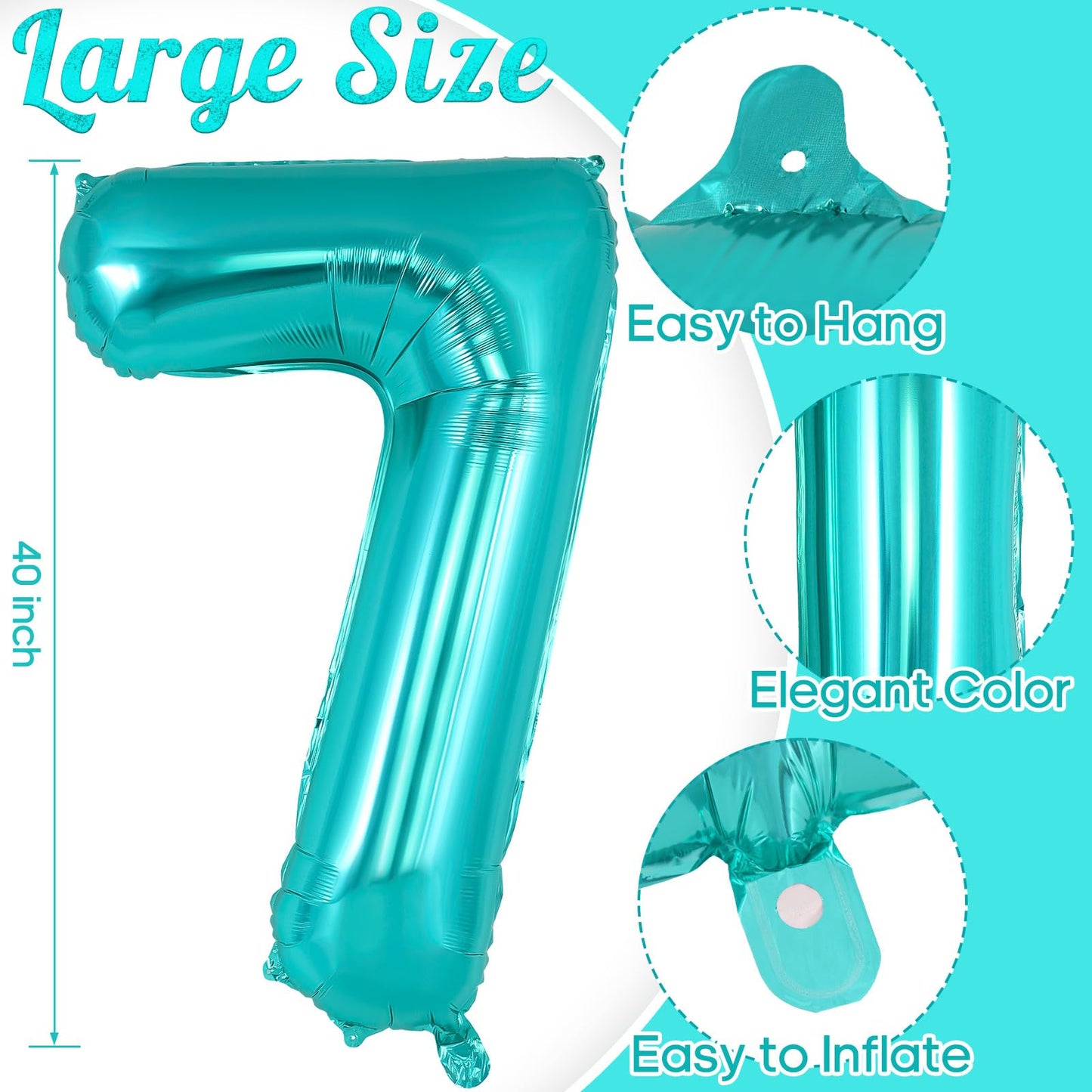 AIQINHU Teal Blue Number 7 Balloon – 40 Inch Giant Foil Mylar Balloon for 7th Birthday
