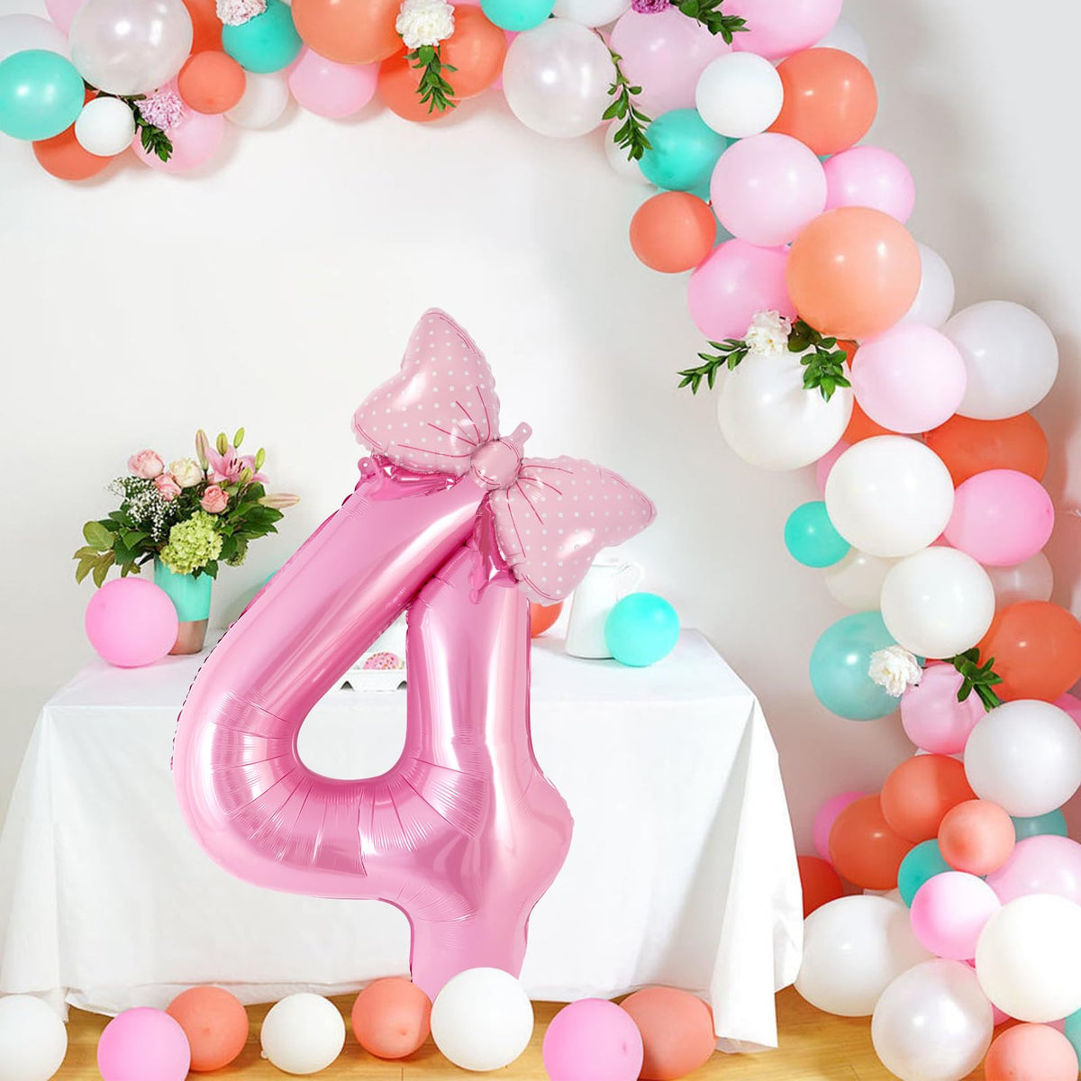 AIQINHU Bow Pink Number 4 Balloon Set – 40 Inch Foil Balloons with Bow for Birthday Parties