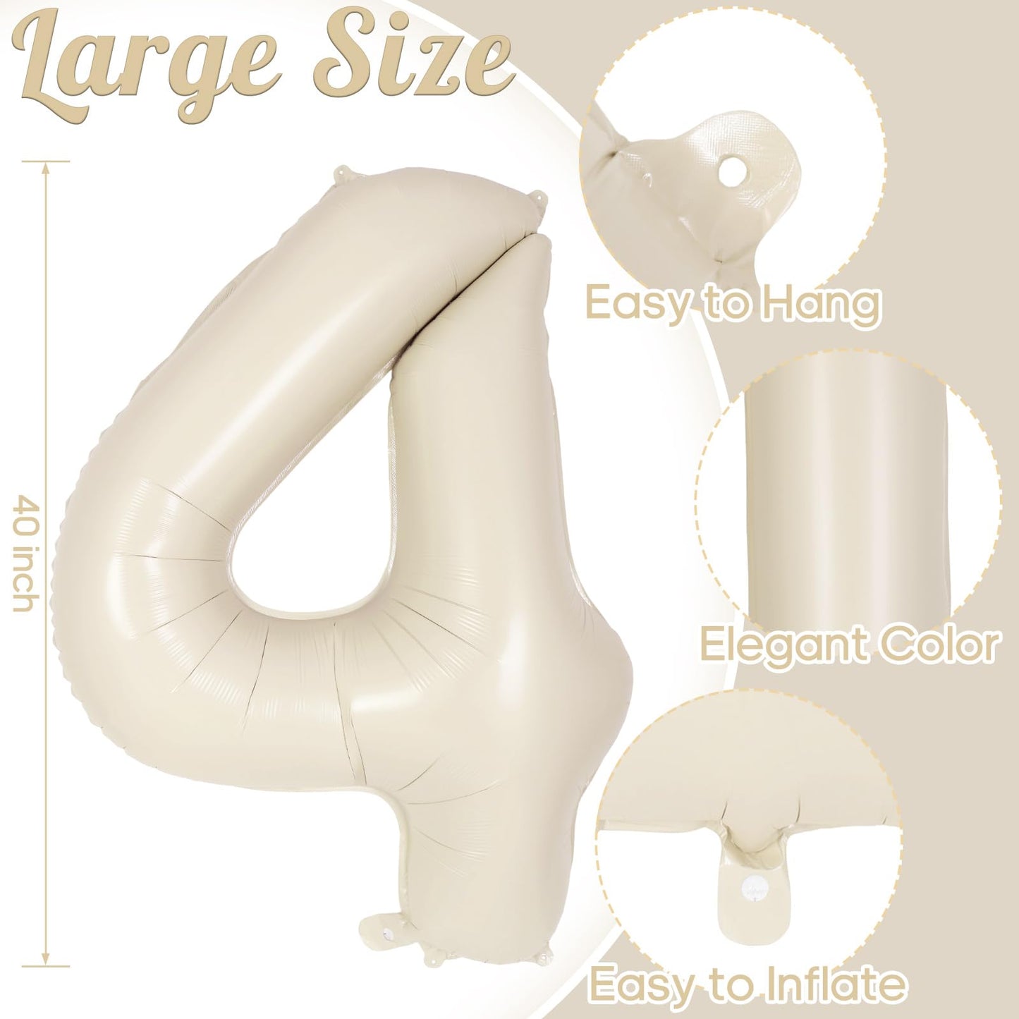 AIQINHU Cream Number 4 Balloon 40 Inch - Jumbo Foil Mylar Balloon for 4th Birthday Parties