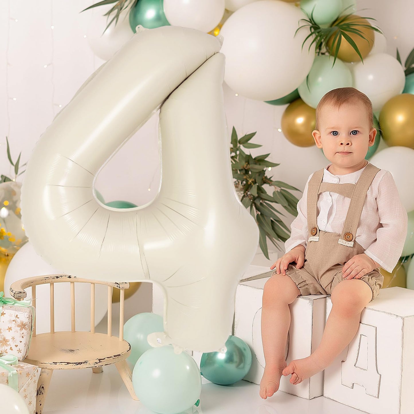 AIQINHU Cream Number 4 Balloon 40 Inch - Jumbo Foil Mylar Balloon for 4th Birthday Parties