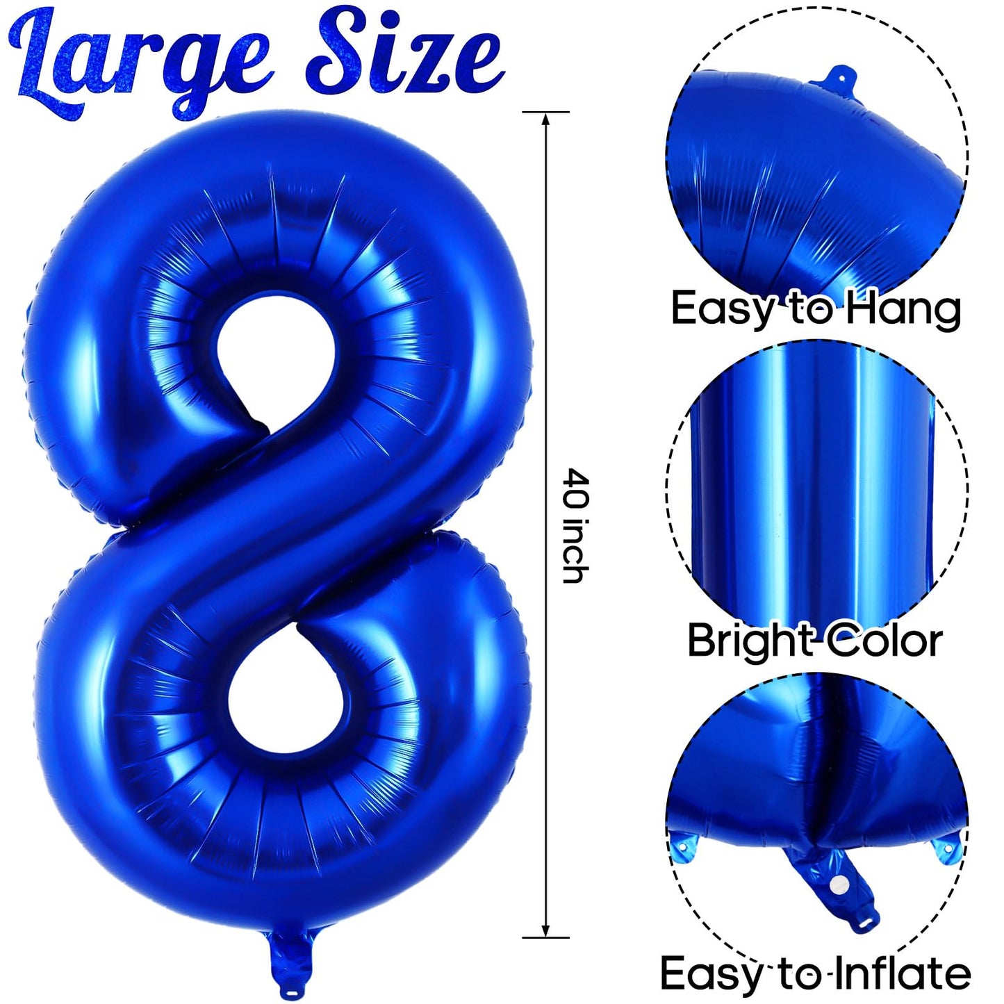 AIQINHU Navy Blue Number 8 Balloon – 40 Inch Jumbo Foil Mylar for 8th Birthday & Celebrations