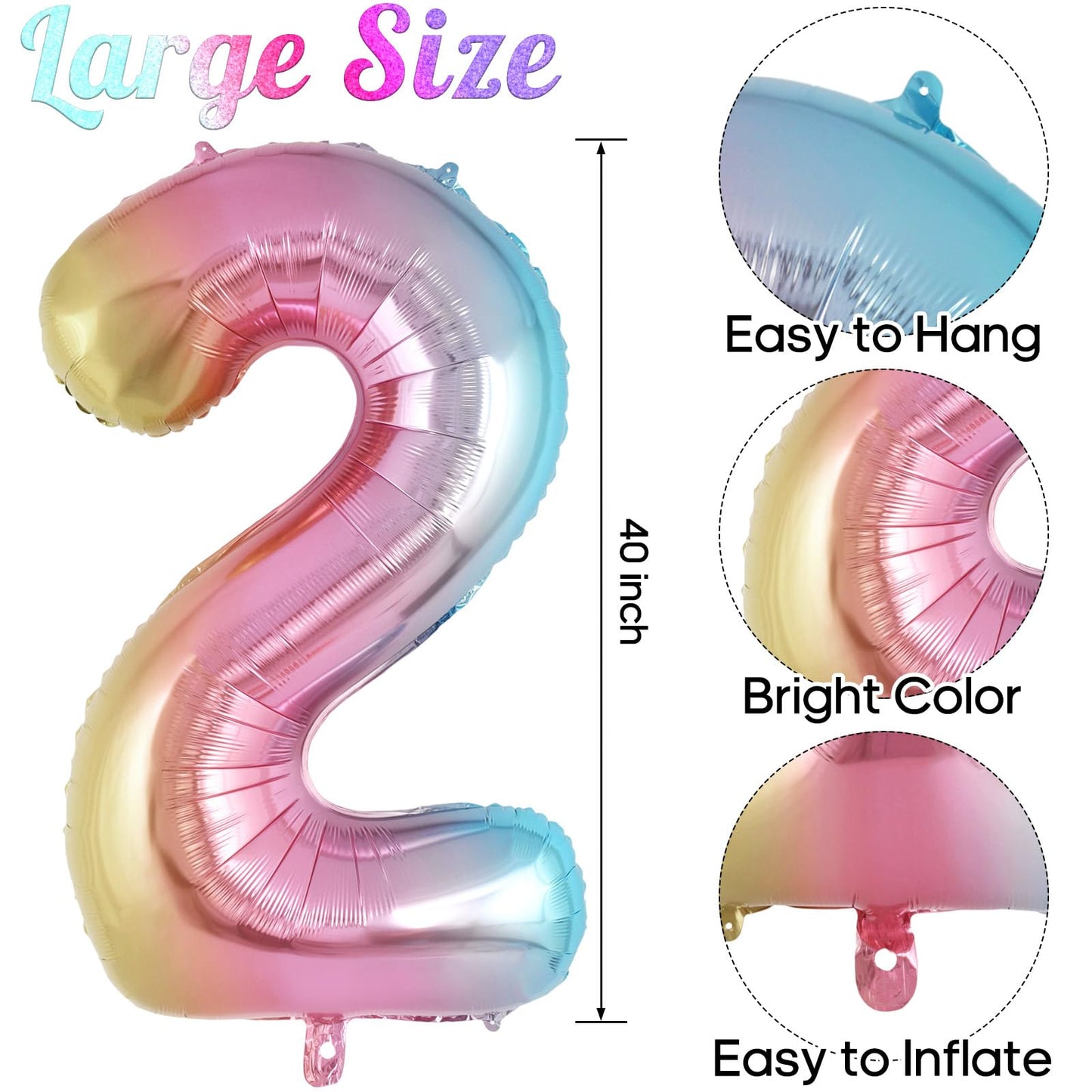AIQINHU Rainbow Gradient Number 2 Balloon – 40-Inch Foil Balloon for 2nd Birthday & Celebrations