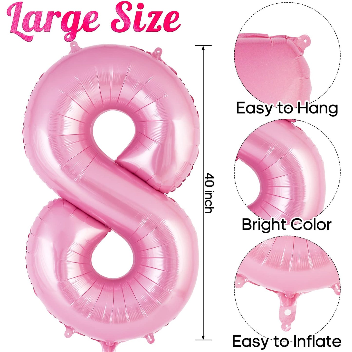 AIQINHU Pink Number 8 Balloon 40 Inch – Jumbo Foil Mylar Balloon for 8th Birthday Parties