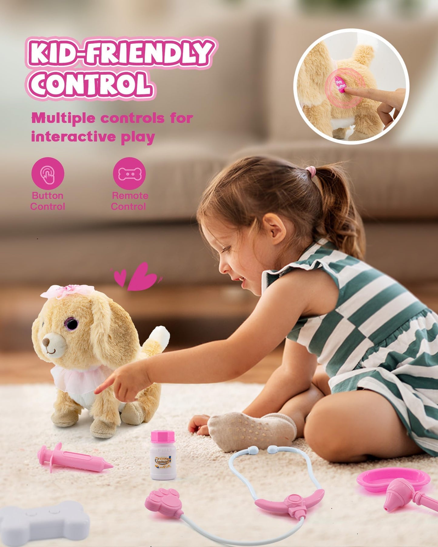Airbition Plush Toy Dog for Girls — Interactive Puppy for 2–5 Year Olds with Doctor Play, Walking, Barking & Remote Control (11 Accessories)