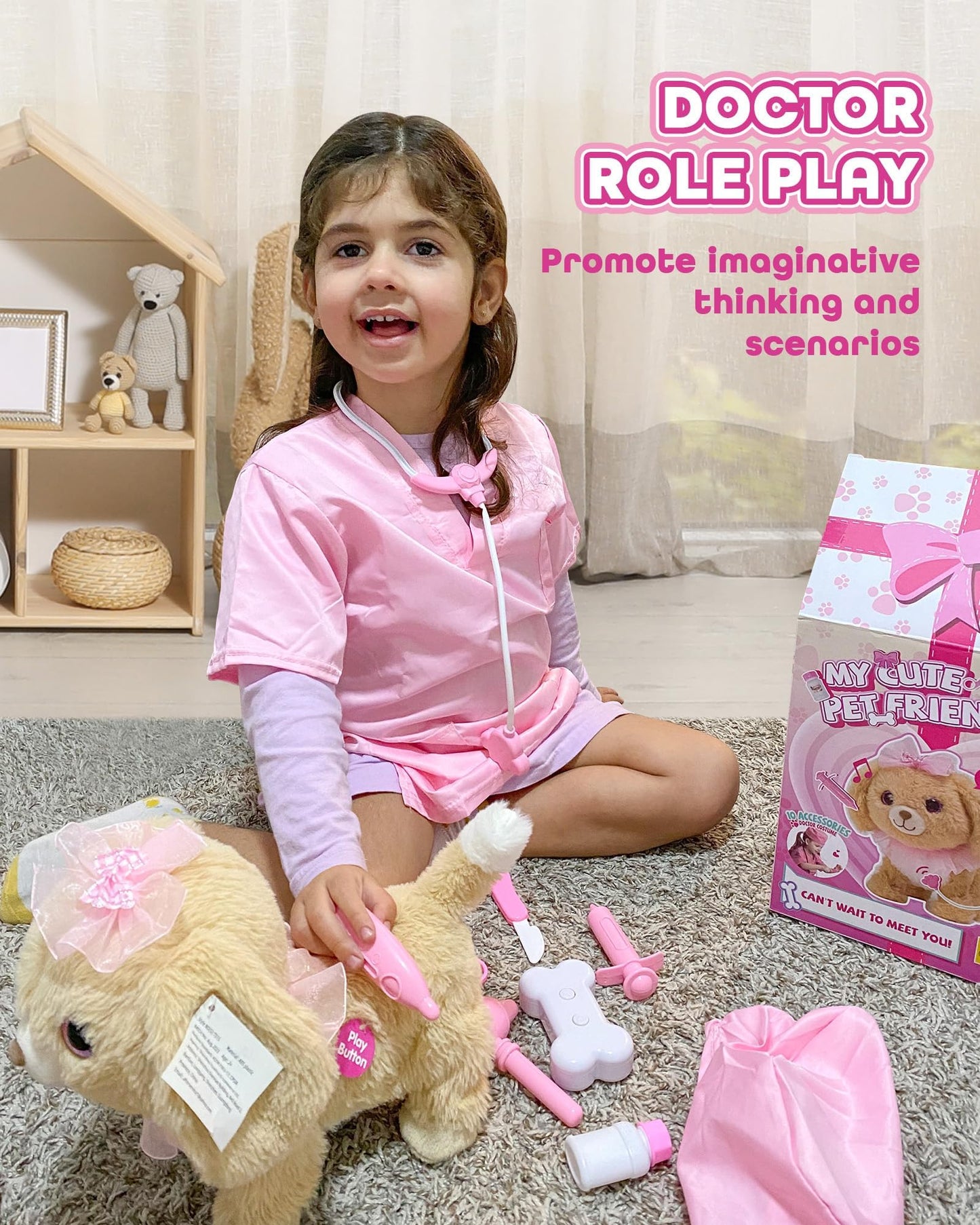 Airbition Plush Toy Dog for Girls — Interactive Puppy for 2–5 Year Olds with Doctor Play, Walking, Barking & Remote Control (11 Accessories)