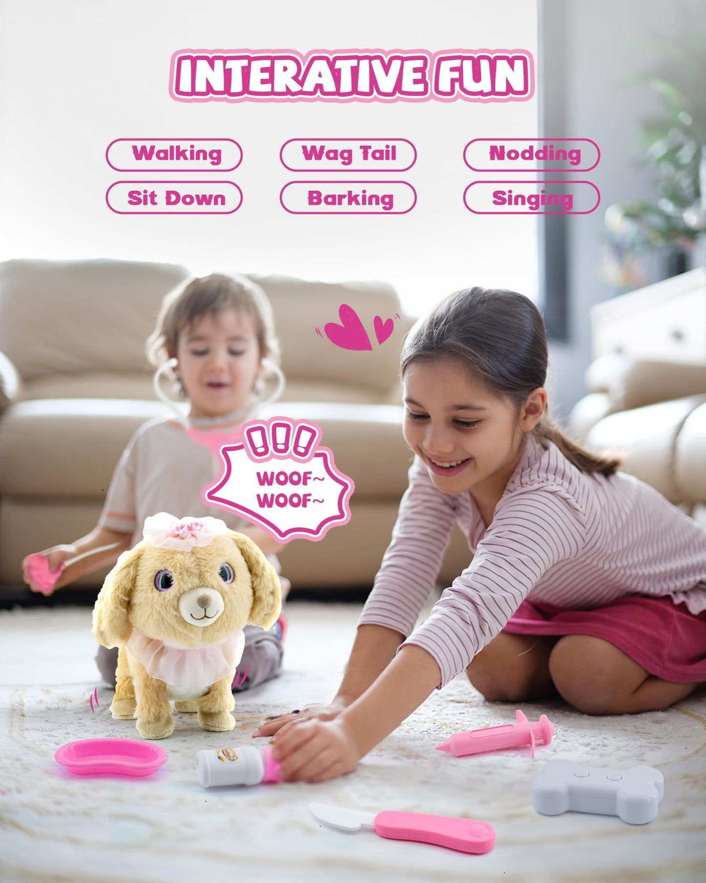 Airbition Plush Toy Dog for Girls — Interactive Puppy for 2–5 Year Olds with Doctor Play, Walking, Barking & Remote Control (11 Accessories)