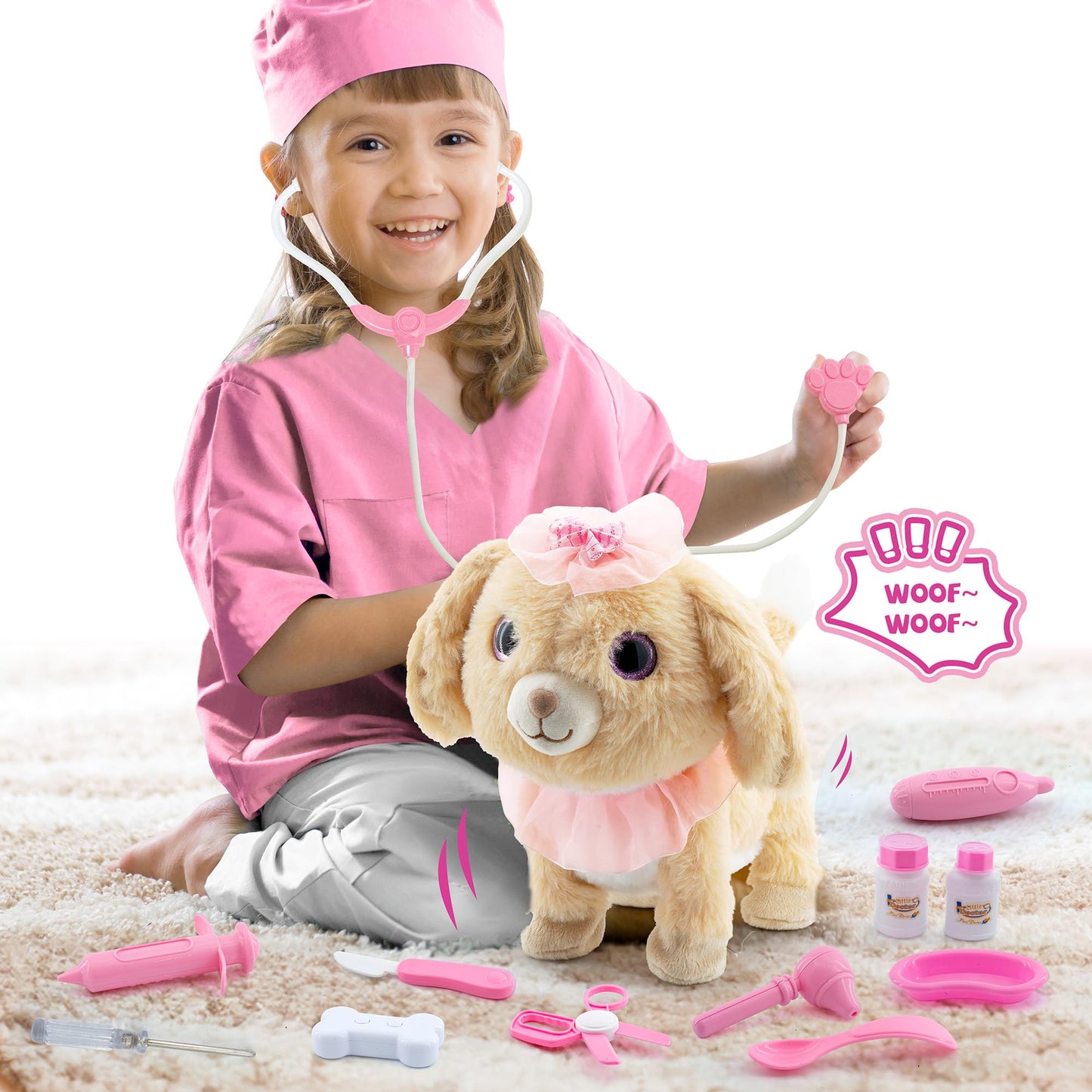 Airbition Plush Toy Dog for Girls — Interactive Puppy for 2–5 Year Olds with Doctor Play, Walking, Barking & Remote Control (11 Accessories)