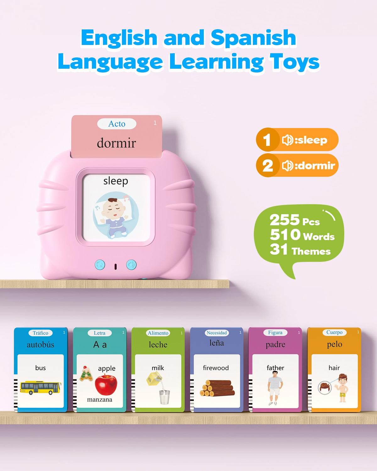 Airbition Bilingual Pink Talking Flash Cards – Dual Language Montessori Learning Tools