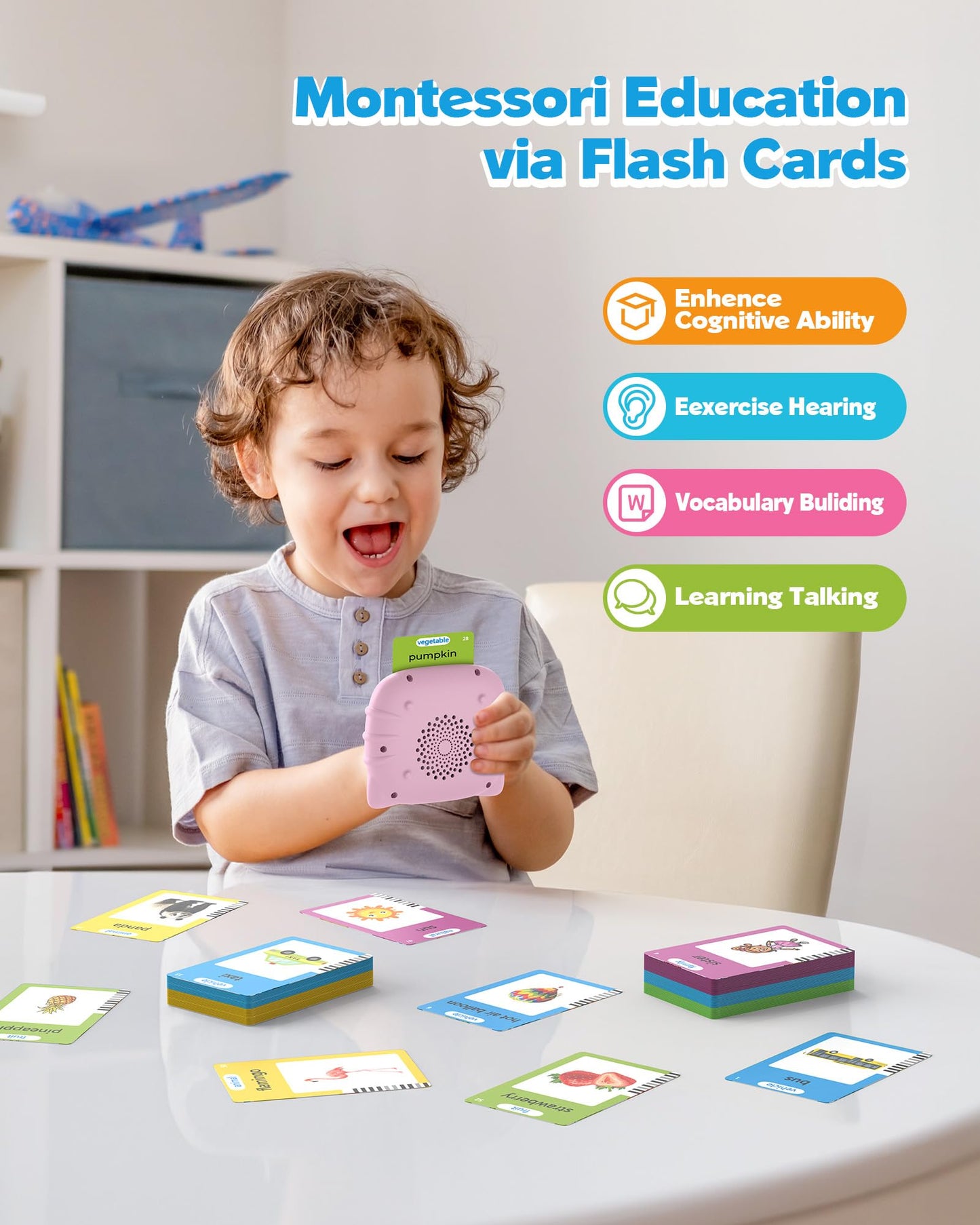 Airbition Talking Flash Cards for Toddlers — Montessori Language Learning, 224 Words, Pink