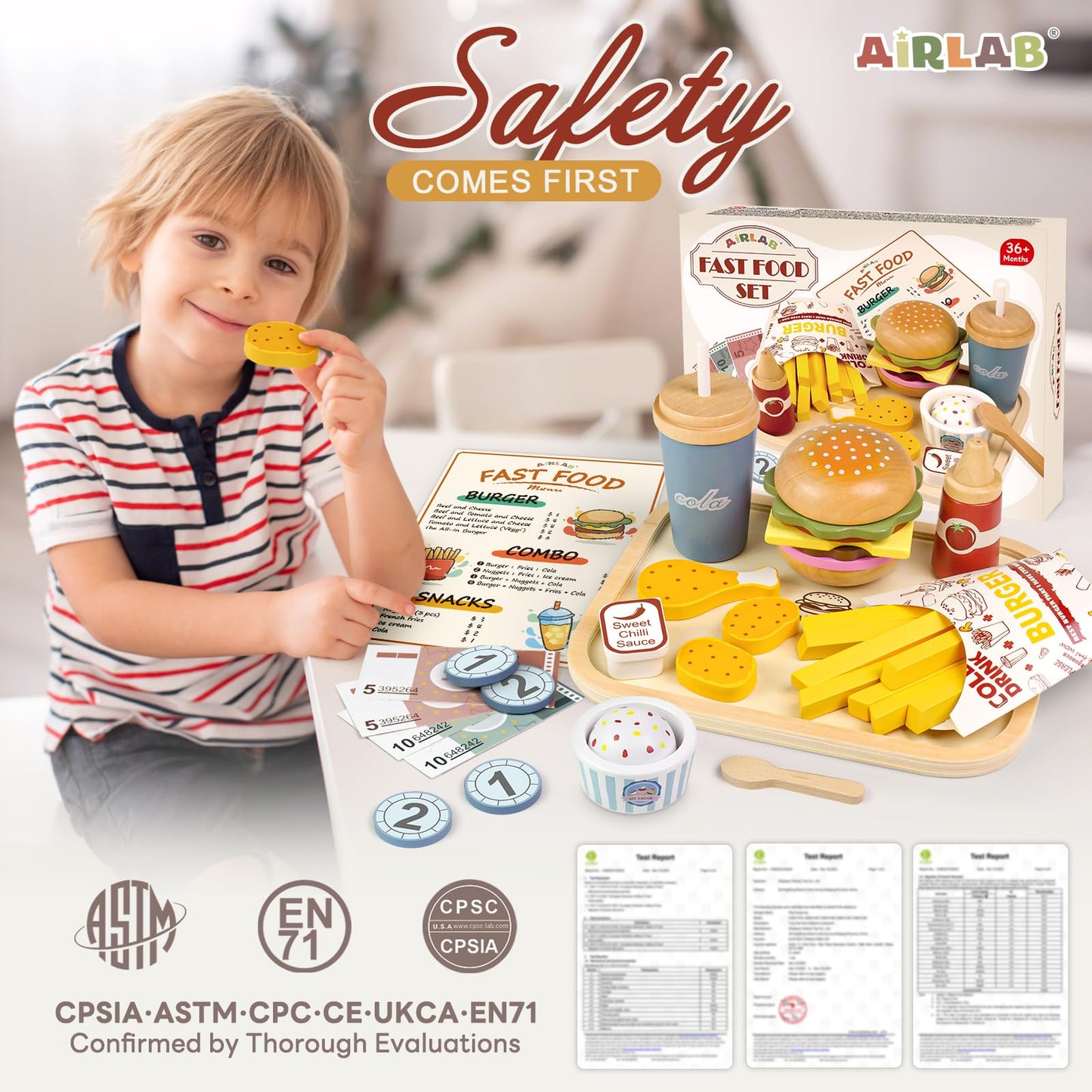 Airlab Wooden Play Food Set for Toddlers – Pretend Kitchen Toys, 3-5 Years