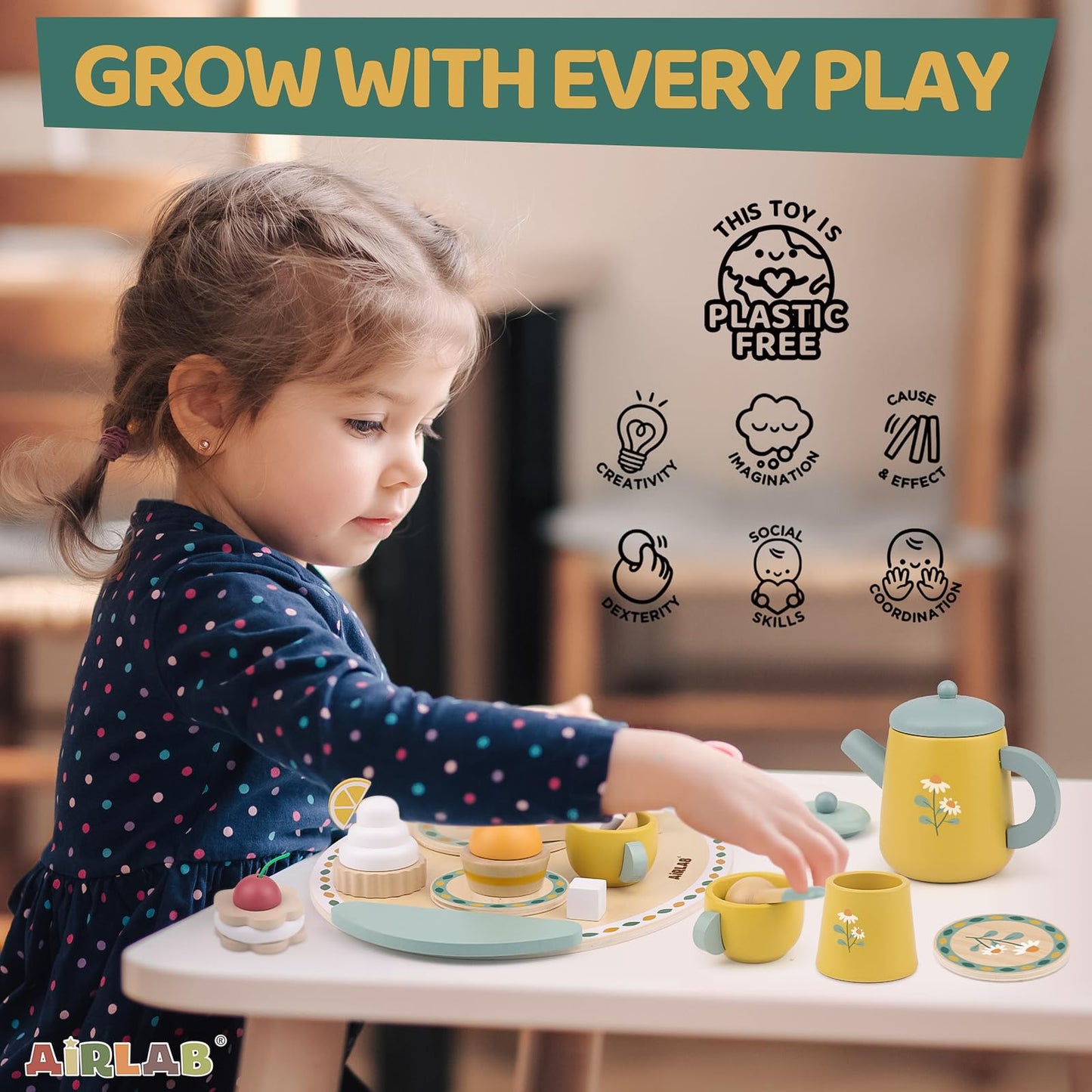 Airlab Wooden Tea Set for Toddlers 3-5 | Imaginative Kitchen Playset