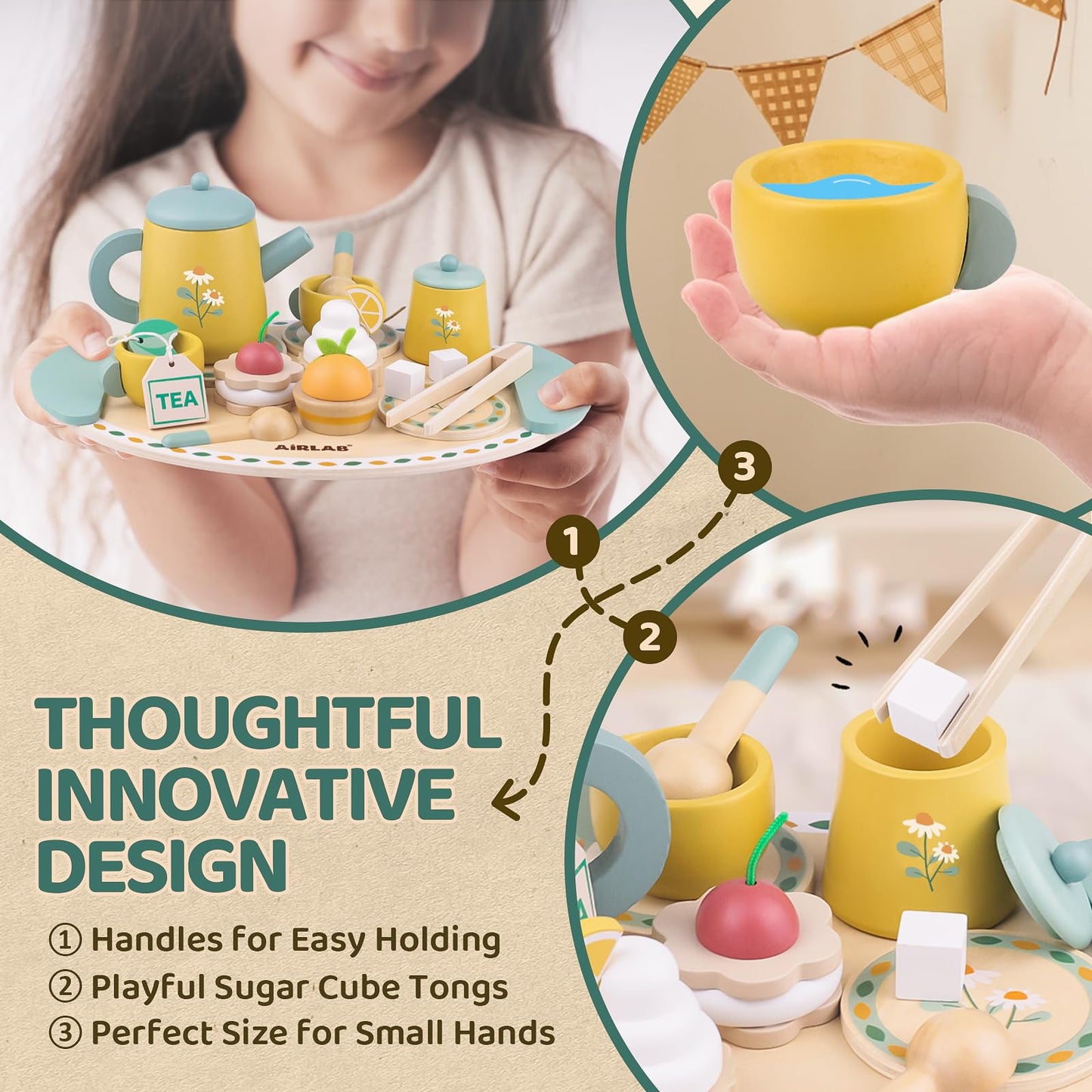 Airlab Wooden Tea Set for Toddlers 3-5 | Imaginative Kitchen Playset
