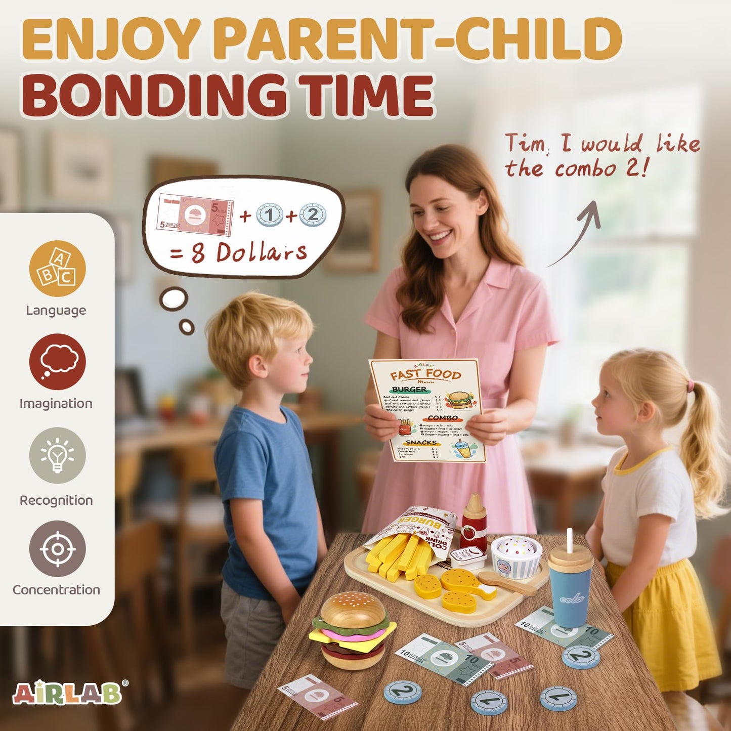 Airlab Wooden Play Food Set for Toddlers – Pretend Kitchen Toys, 3-5 Years