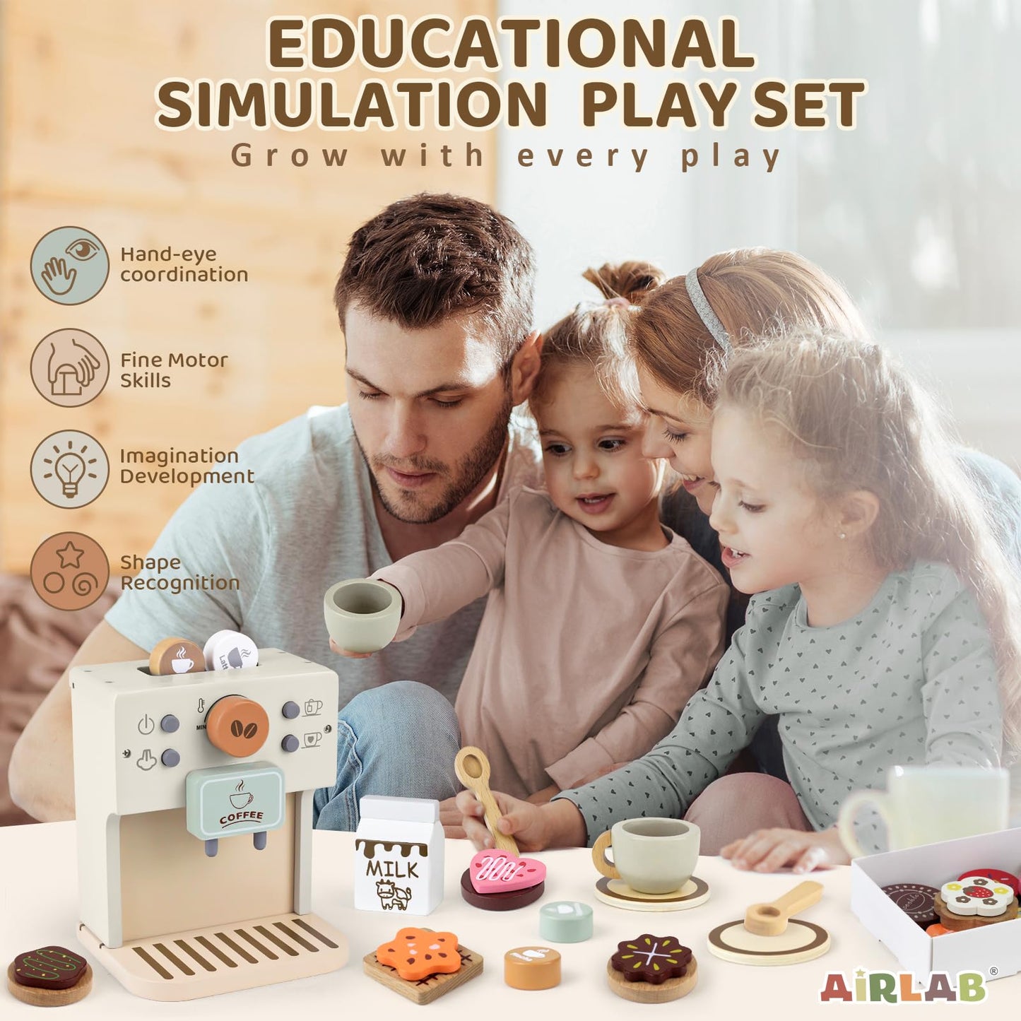 Airlab Wooden Toy Coffee Maker for Kids – Pretend Play Kitchen Set