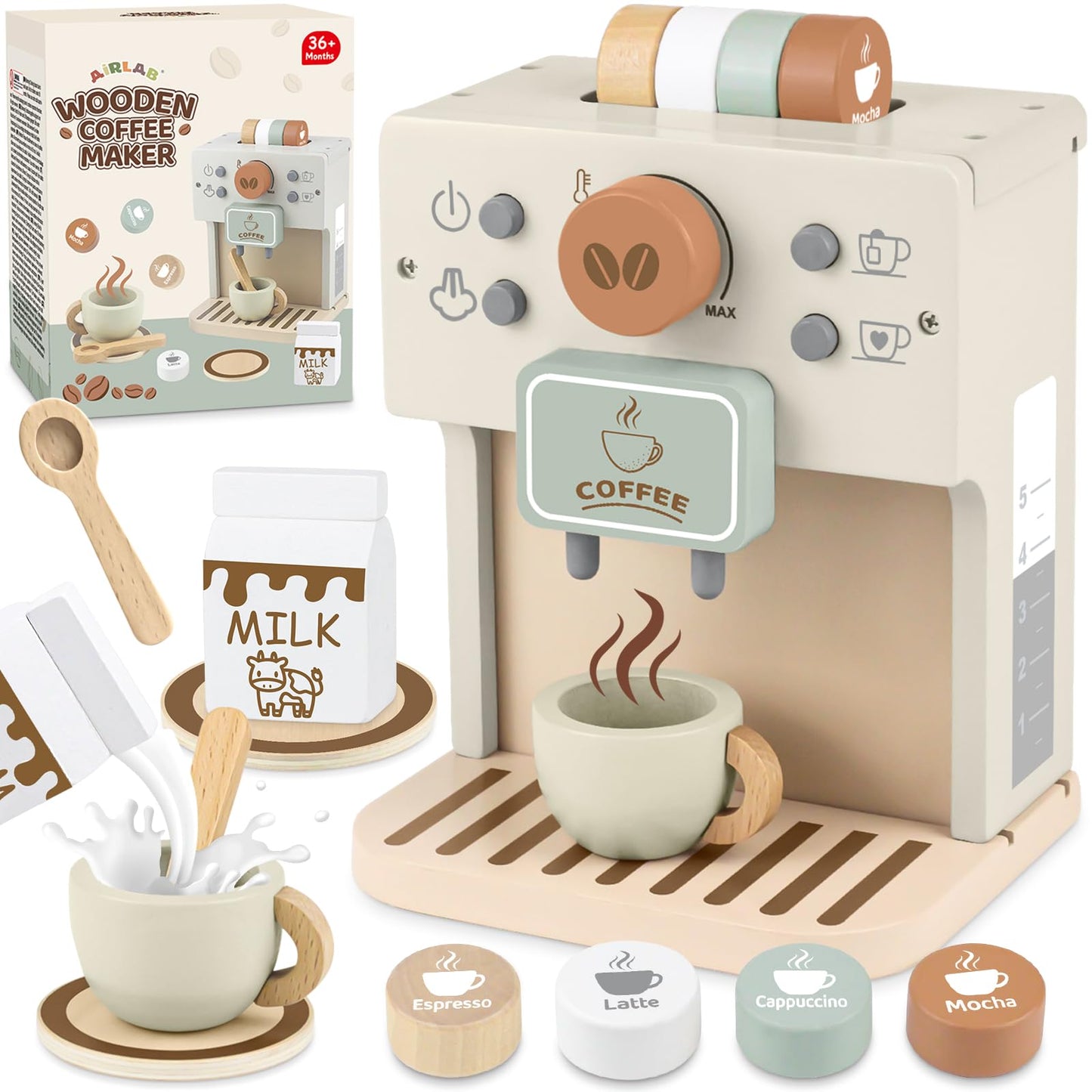 Airlab Wooden Toy Coffee Maker for Kids – Pretend Play Kitchen Set