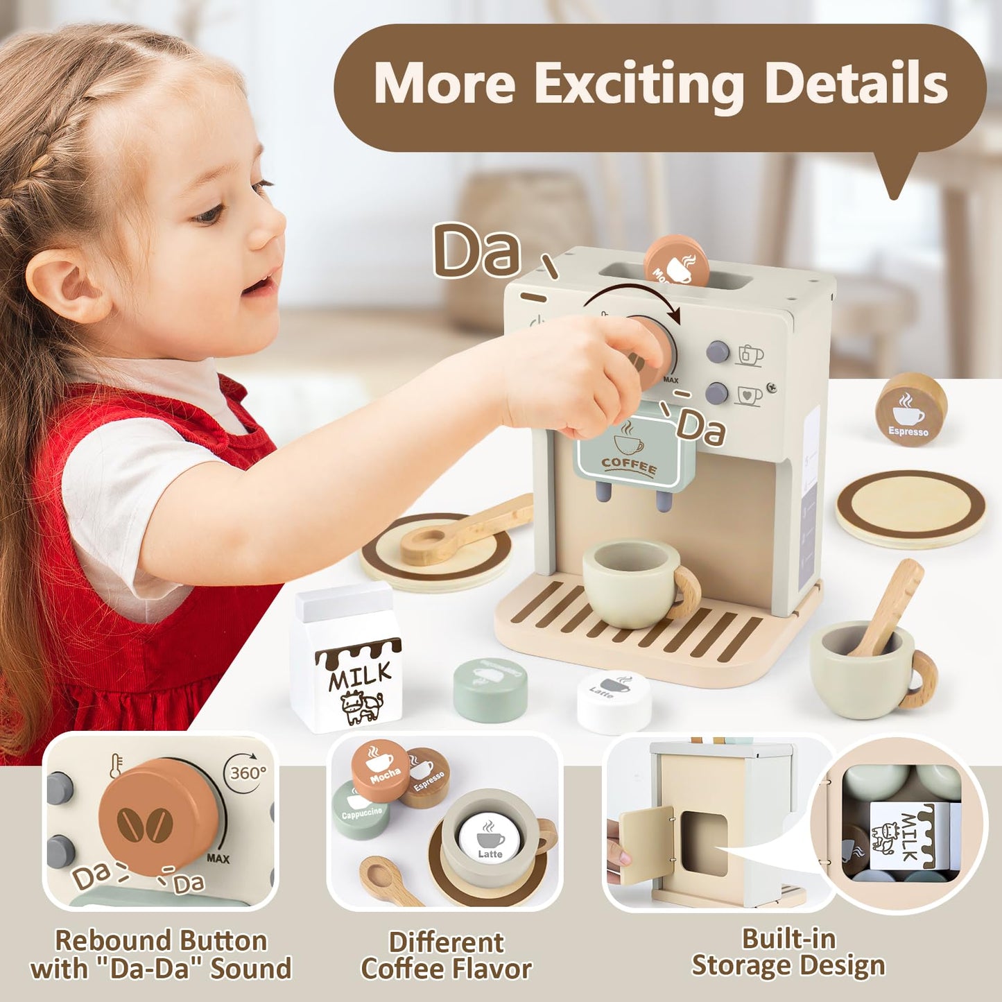 Airlab Wooden Toy Coffee Maker for Kids – Pretend Play Kitchen Set
