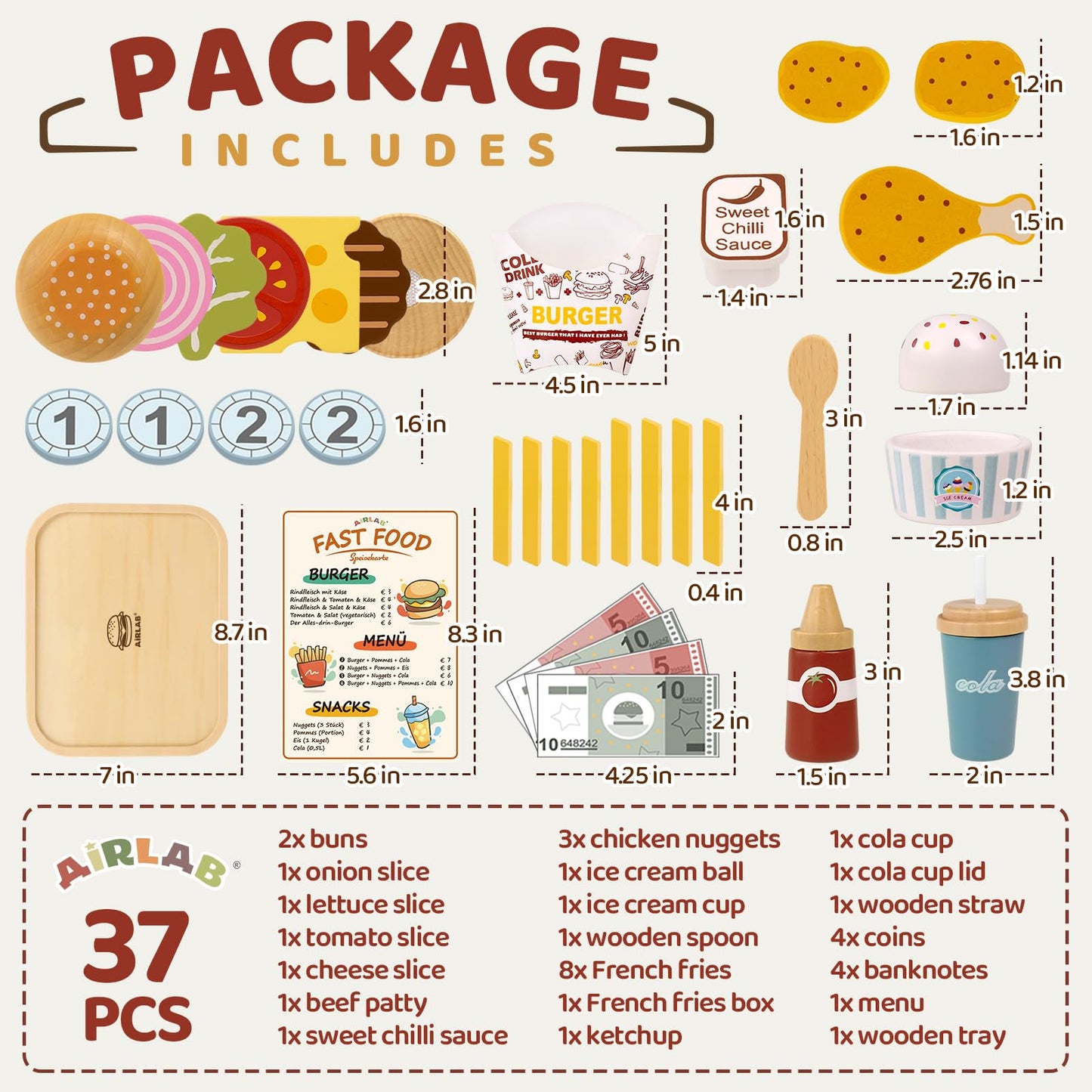 Airlab Wooden Play Food Set for Toddlers – Pretend Kitchen Toys, 3-5 Years