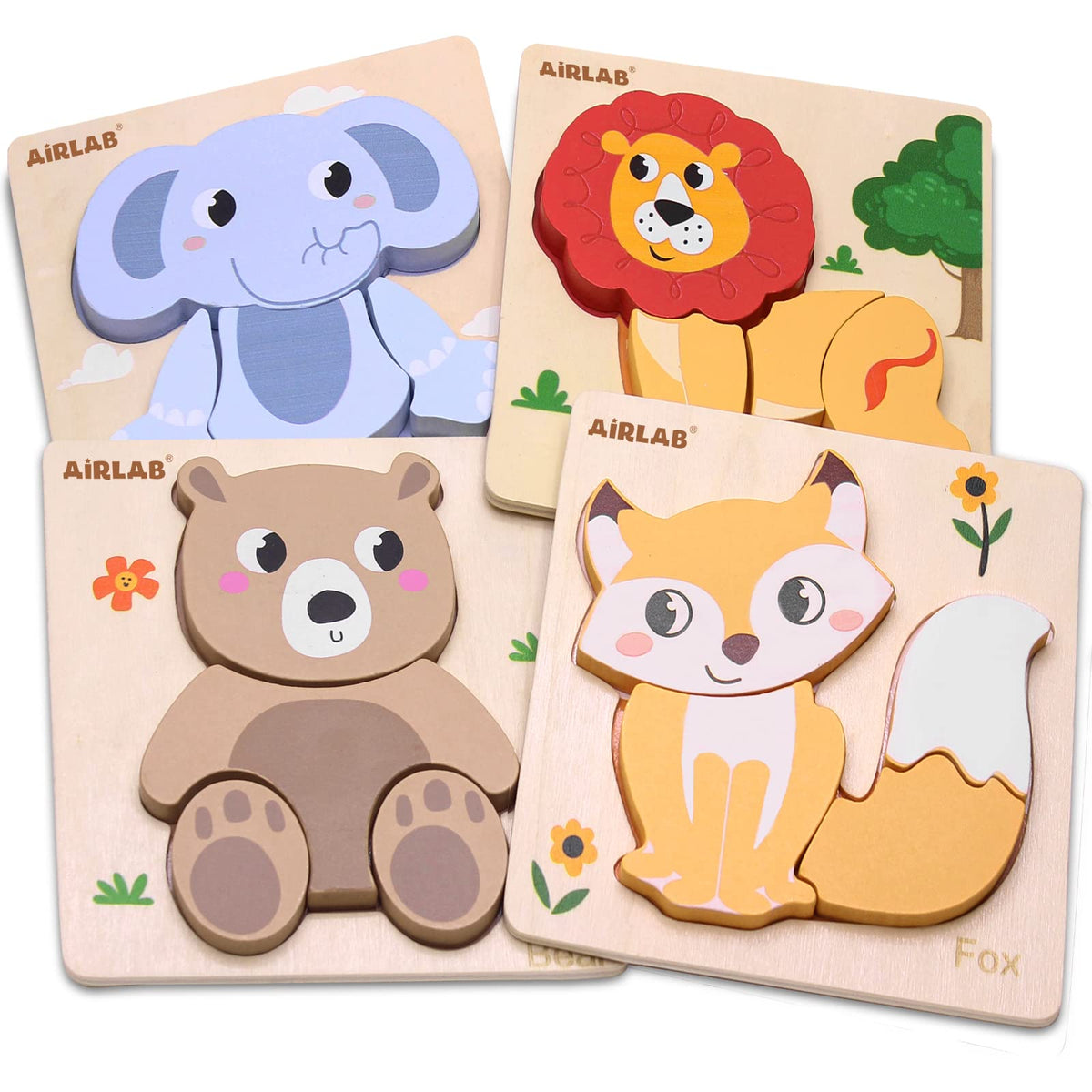 Airlab Wooden Puzzles for Toddlers – 4-Pack Animal Shape Toys (Ages 1-3)