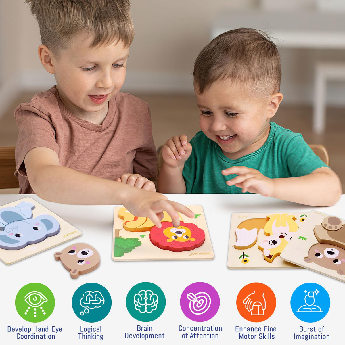 Airlab Wooden Puzzles for Toddlers – 4-Pack Animal Shape Toys (Ages 1-3)