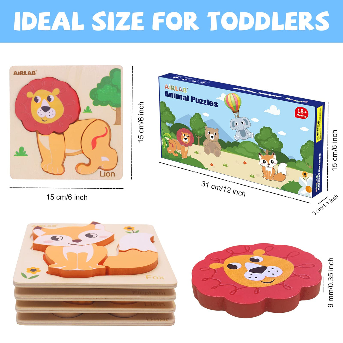 Airlab Wooden Puzzles for Toddlers – 4-Pack Animal Shape Toys (Ages 1-3)
