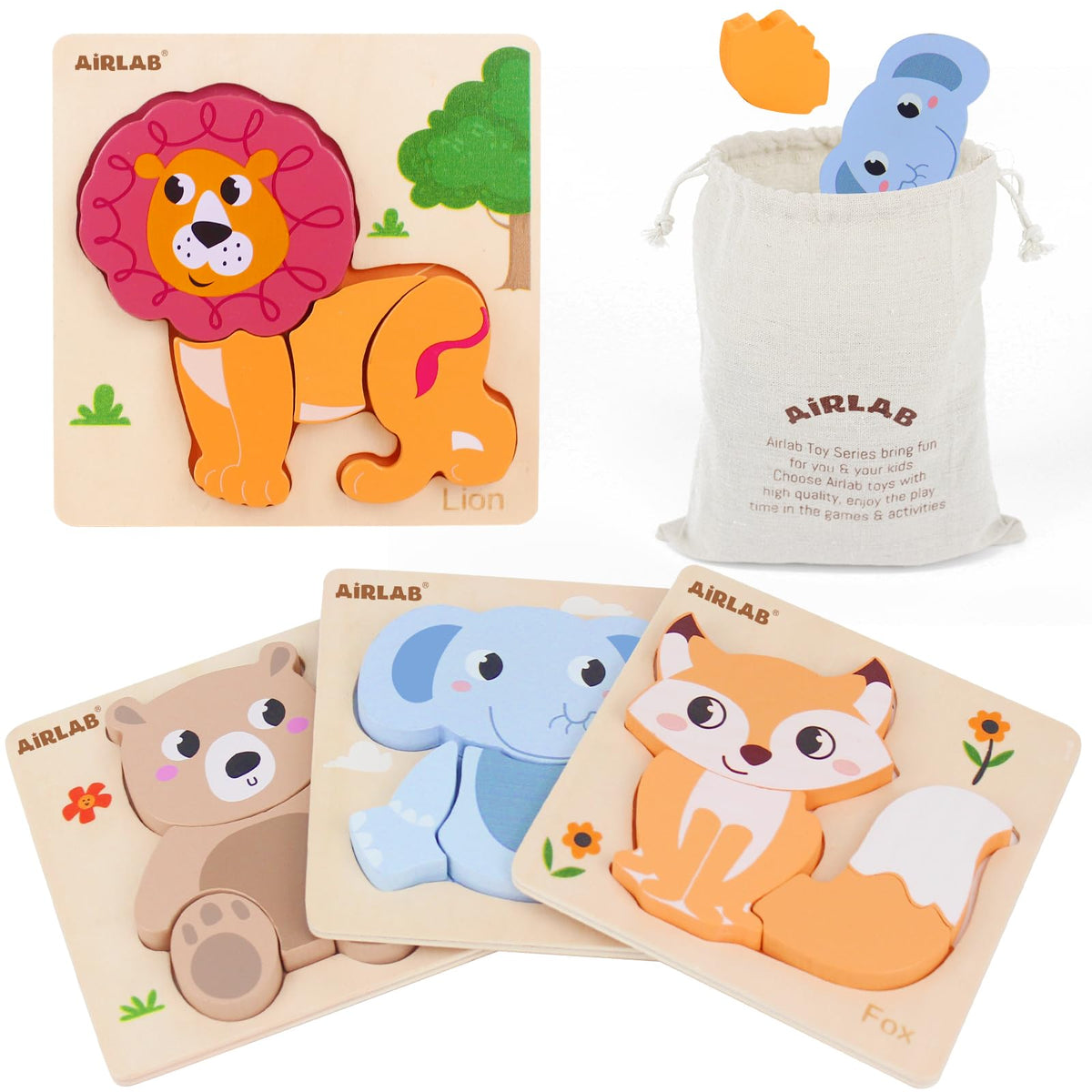 Airlab Wooden Puzzles for Toddlers – 4-Pack Animal Shape Toys (Ages 1-3)