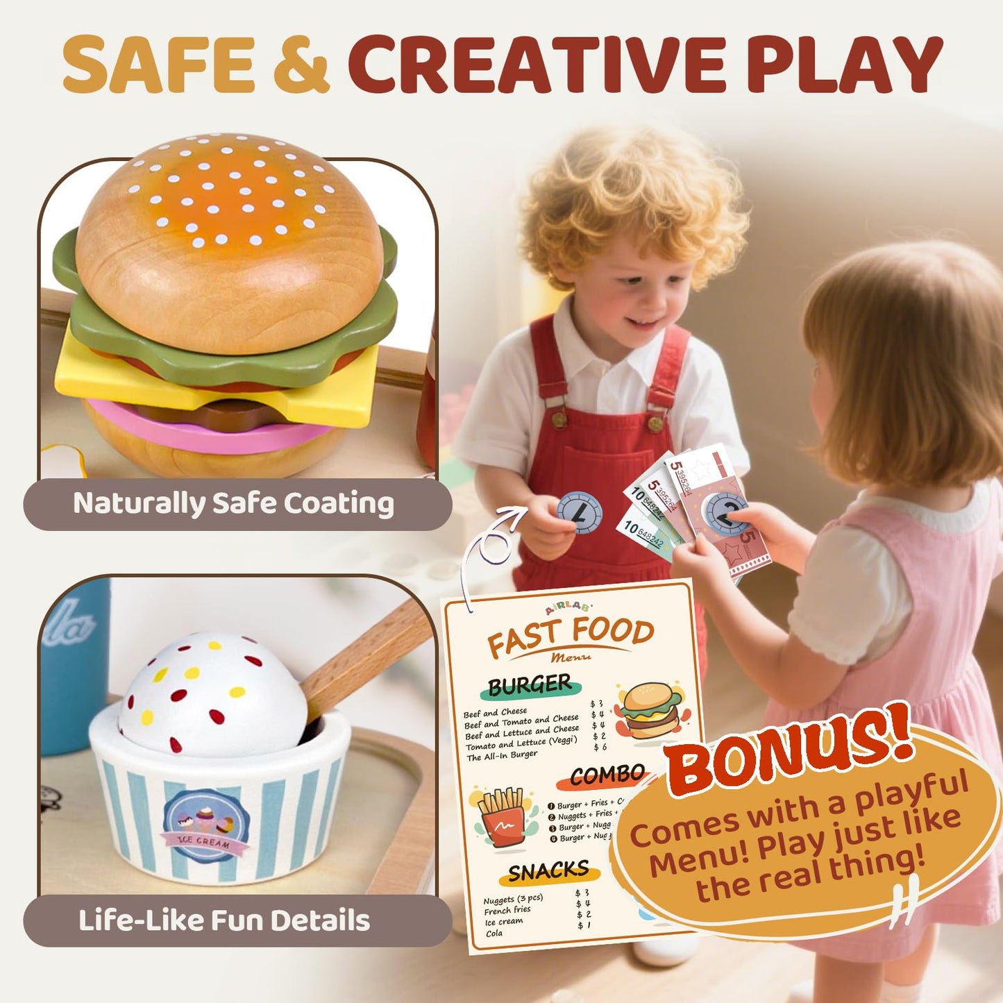 Airlab Wooden Play Food Set for Toddlers – Pretend Kitchen Toys, 3-5 Years